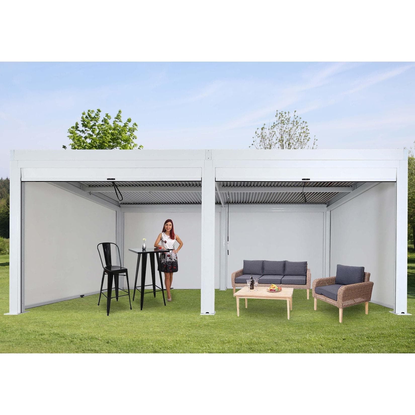 MCW Pergola 3x6m Weiß mit Lamellen, Rollo & 6 Seitenwänden