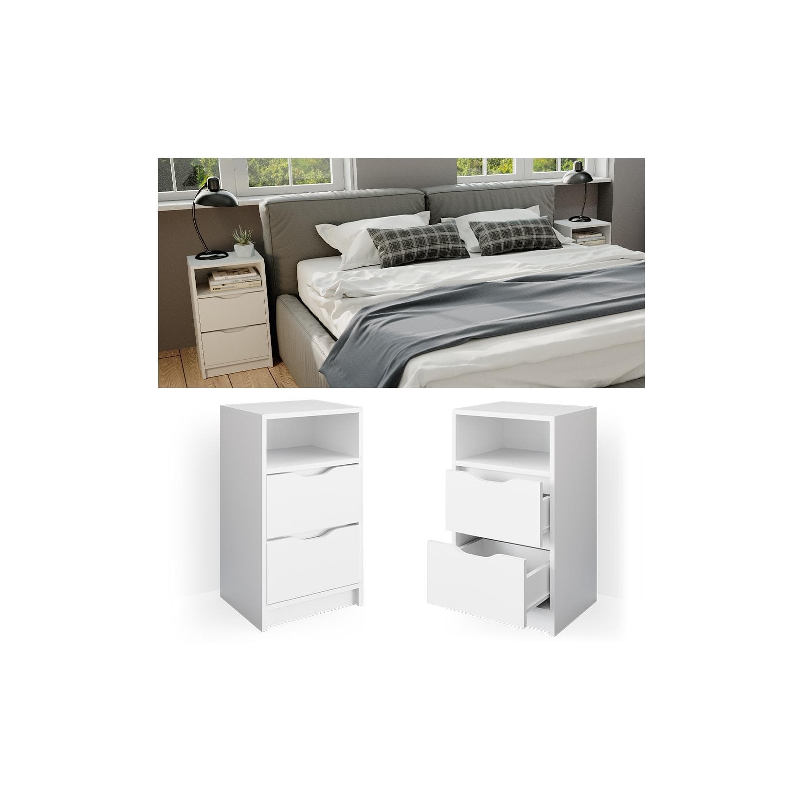 Vicco 2er Set Nachttisch Ruben Weiß Nachtkommode für Boxspringbett