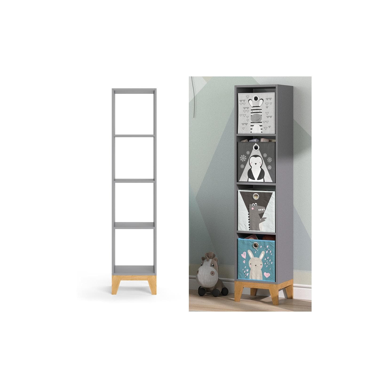 Graues Bücherregal mit Eichenoptik