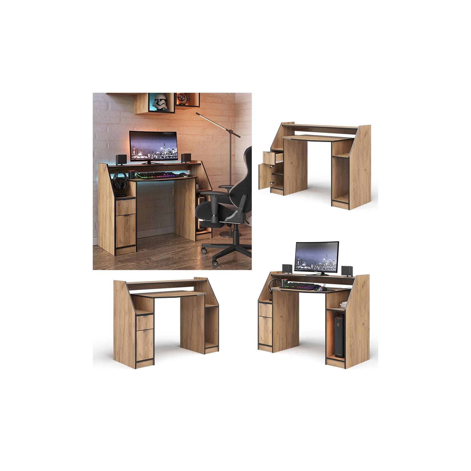 Vicco Computertisch Joel Gamingtisch mit Stauraum Eiche Schwarz