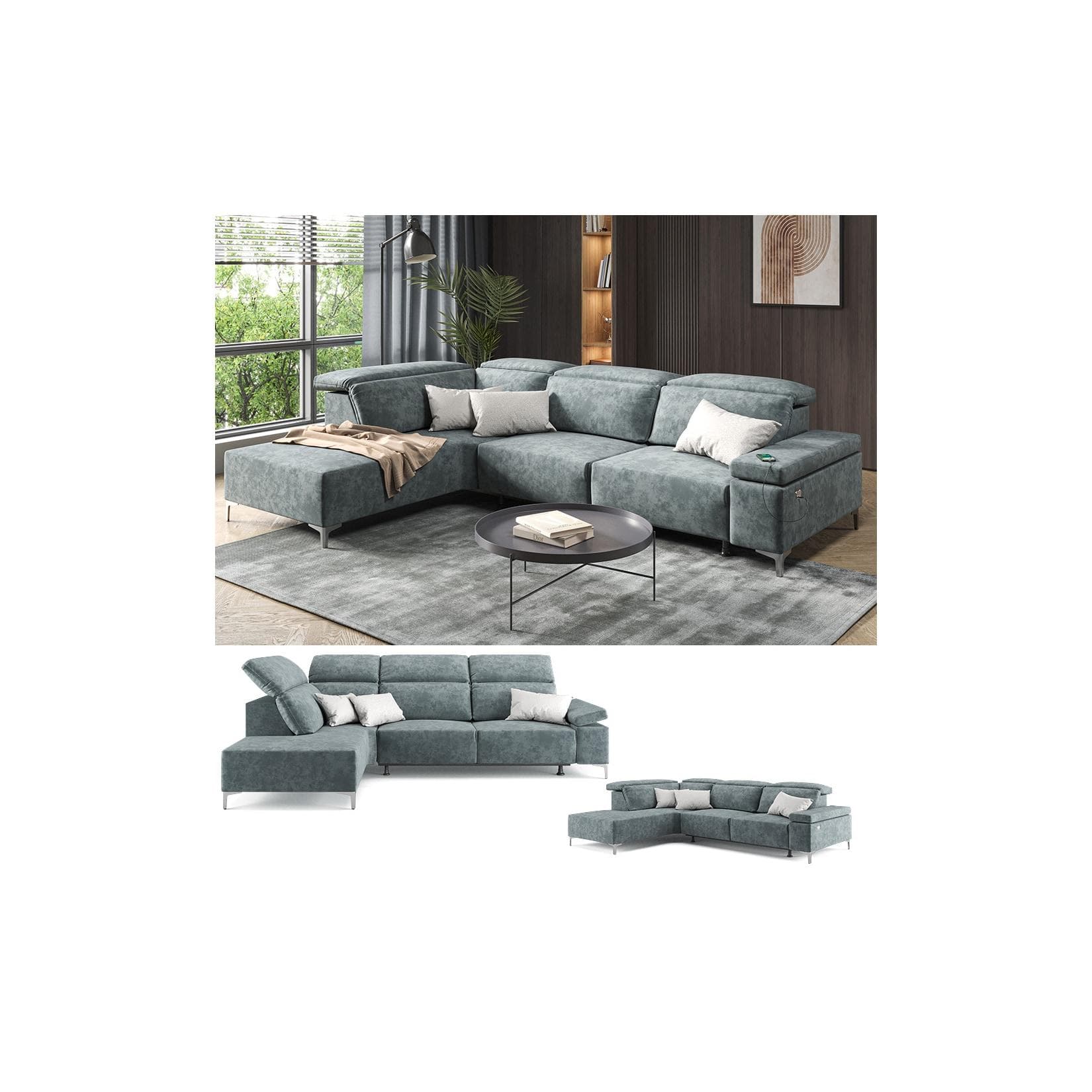 VitaliSpa Ecksofa James Grau Relaxfunktion mit USB-Anschluss