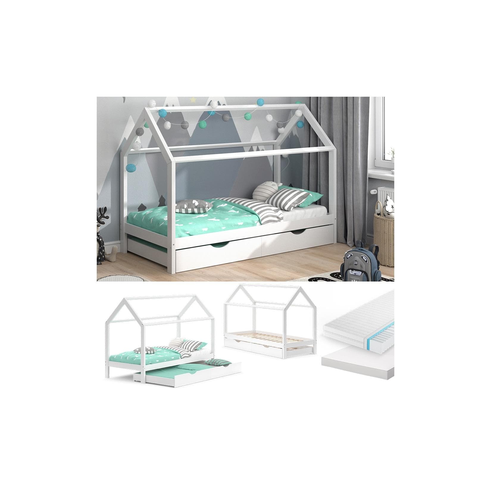 Weißes Hausbett mit integriertem Gästebett & 2 Matratzen