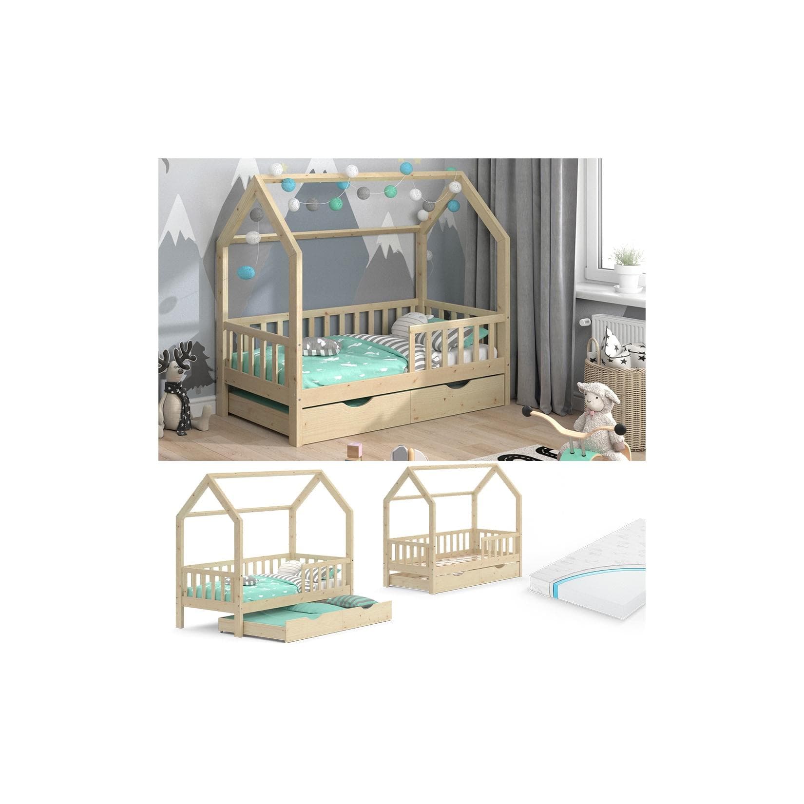 Naturholz Hausbett mit Gästebett und Matratze