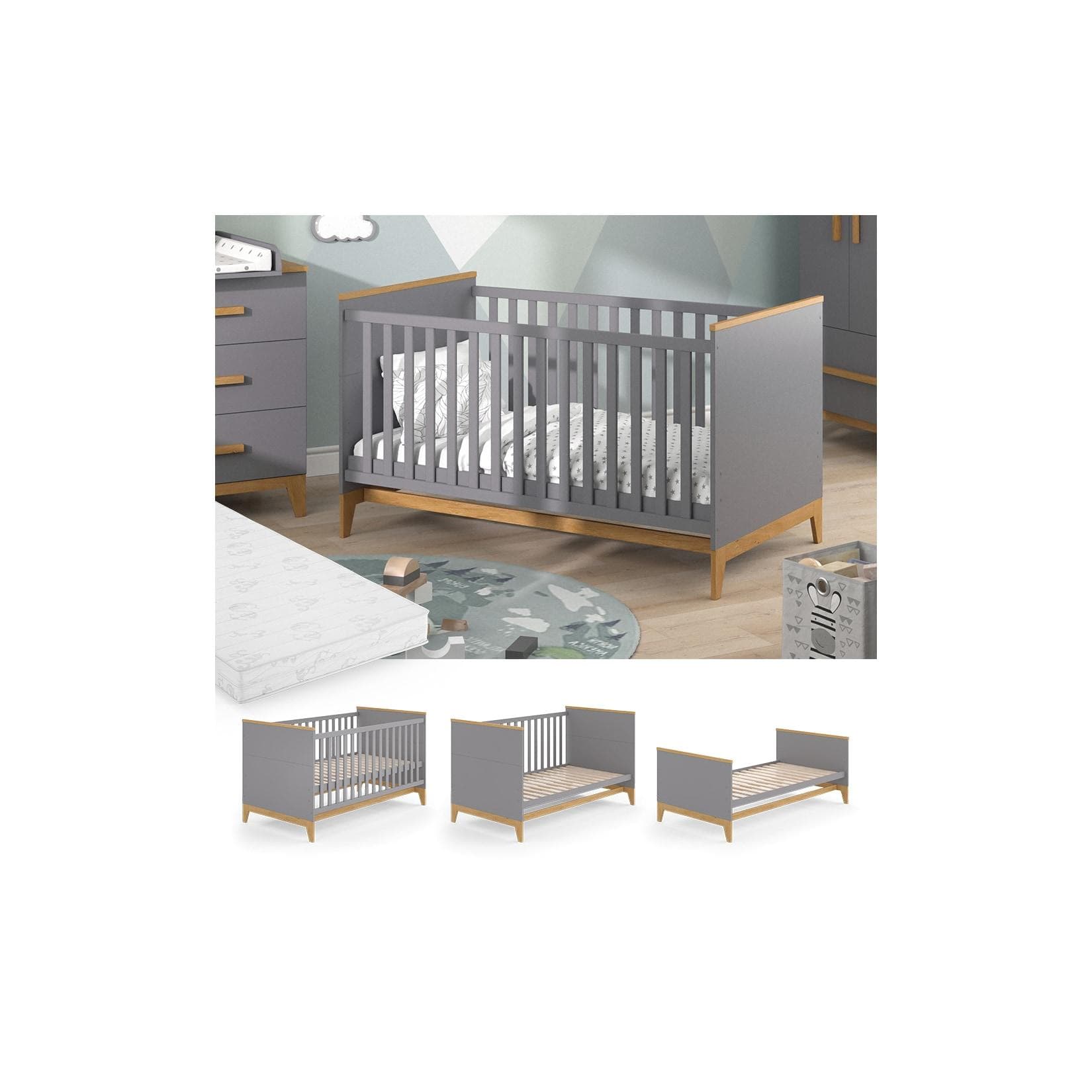 Graues Babybett aus Eiche mit Matratze