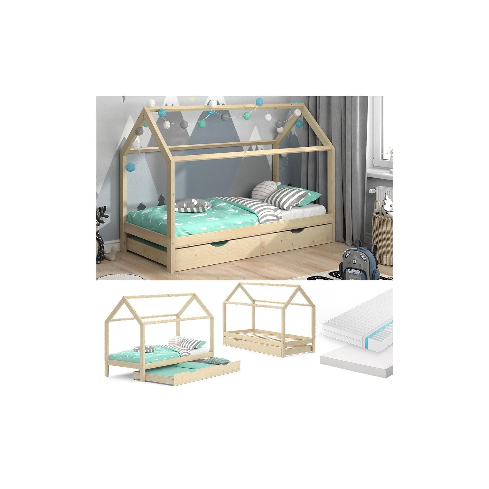 Naturholz Hausbett mit integriertem Gästebett & 2 Matratzen