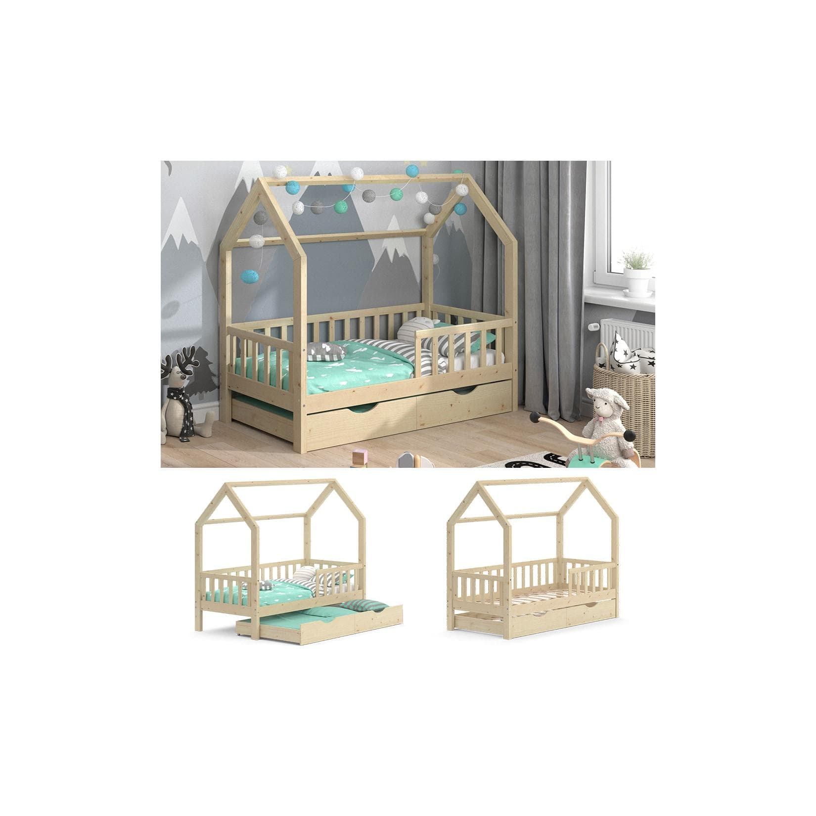 Naturholz Hausbett mit Gästebett & 2 Matratzen