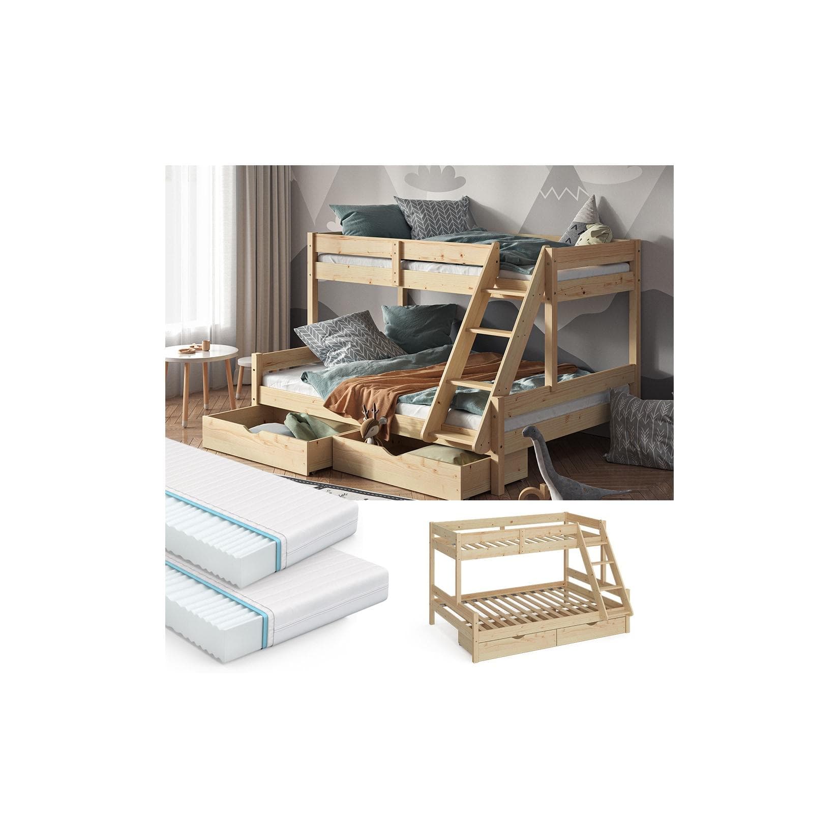Etagenbett aus Naturholz mit Schubladen und Matratzen