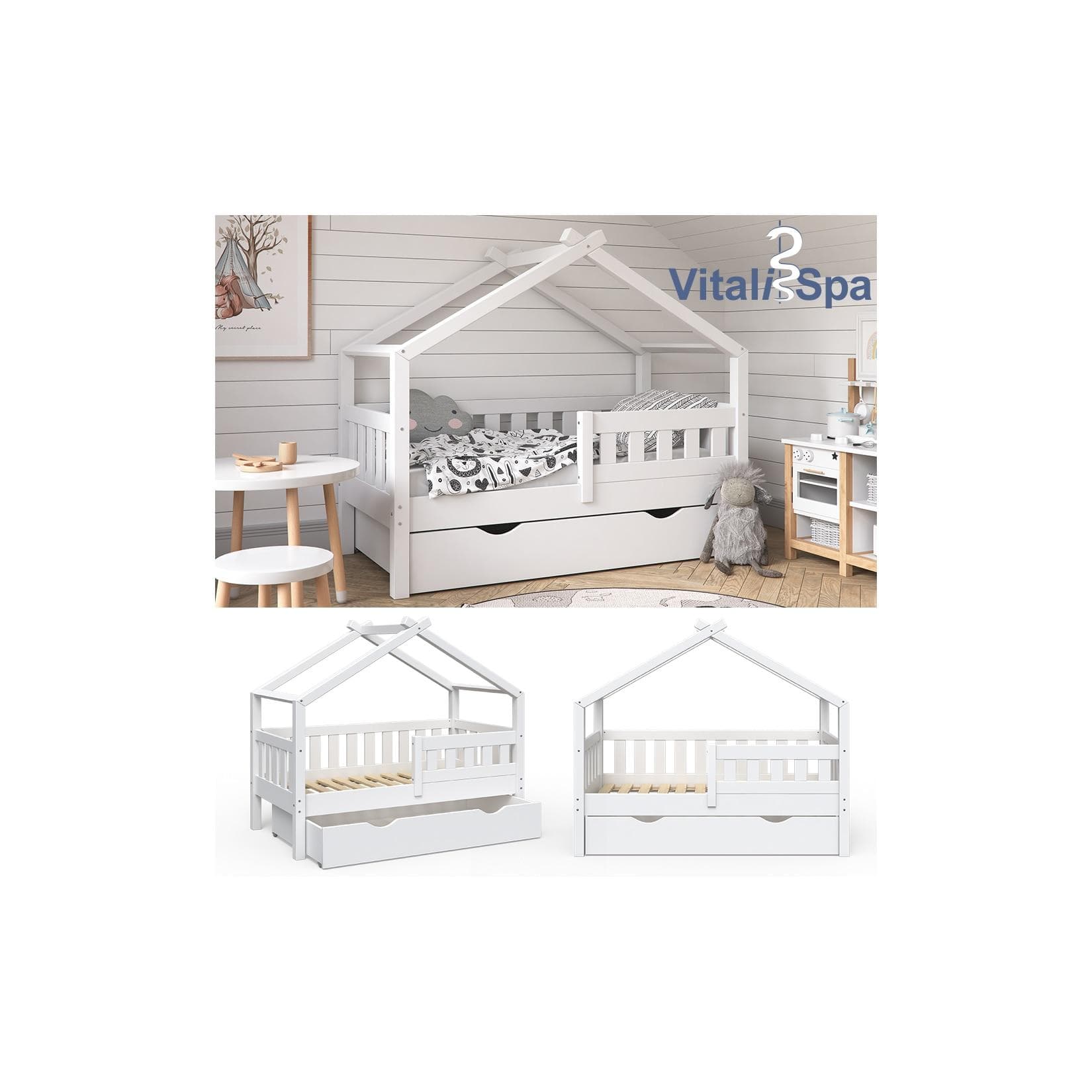 VitaliSpa® Hausbett Design Weiß mit Schublade und Lattenrost