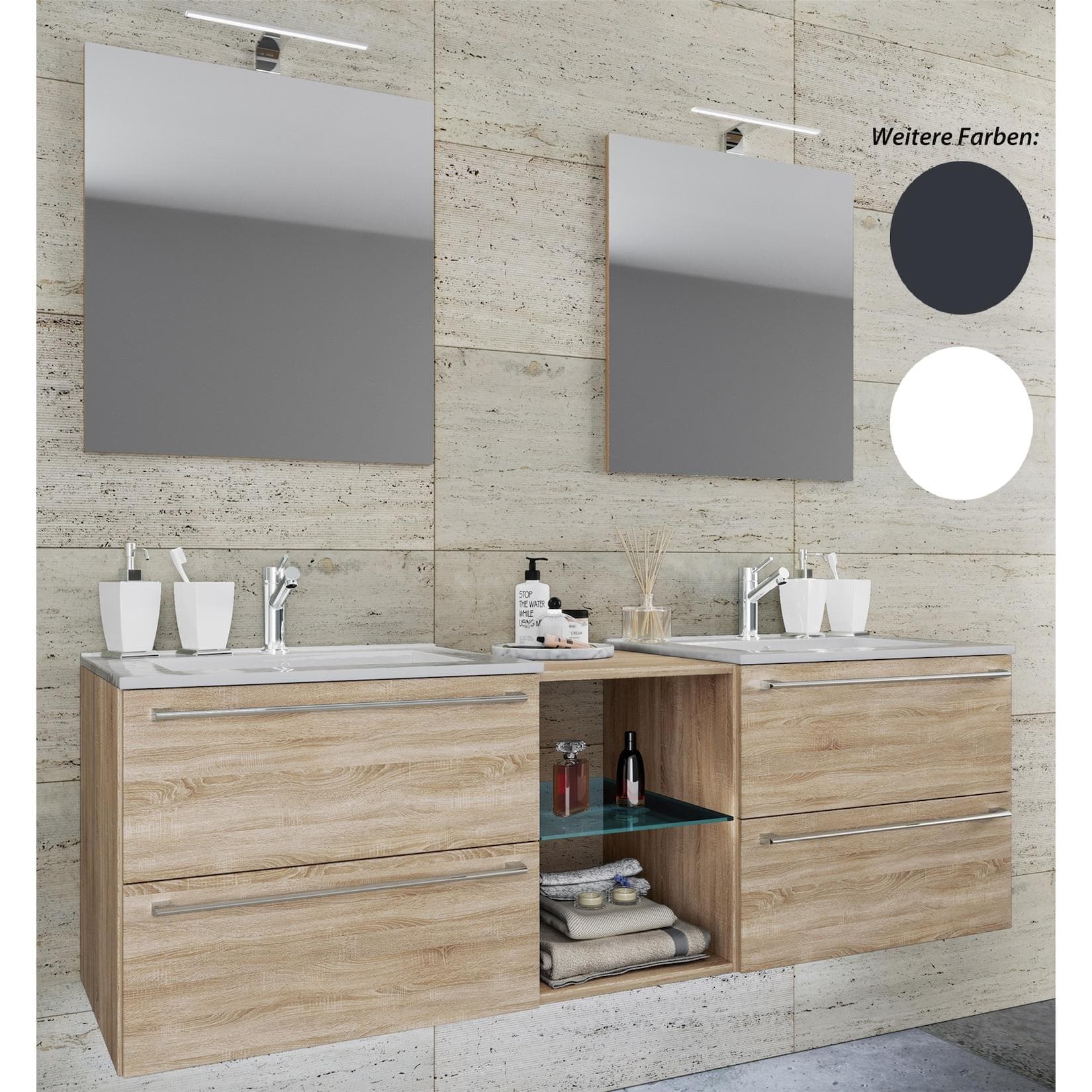 VCM 3-tlg. Set 2 Waschtisch, 2 Spiegel, 2 Waschbecken, 1 Mittelfach Keramik Waschbecken Unterschrank 155 cm Badmöbel Set Doppel Waschplatz - Badinos XXL