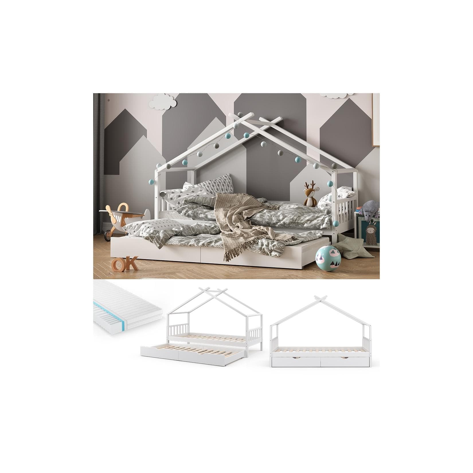 VitaliSpa® Hausbett Weiß mit Gästebett und Matratze