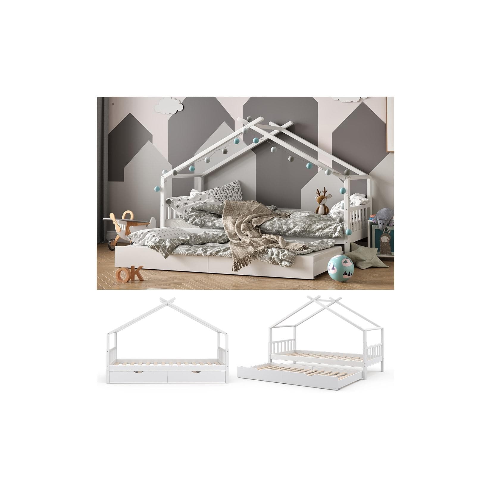 VitaliSpa® Hausbett Weiß mit Gästebett - Holz Kinderbett