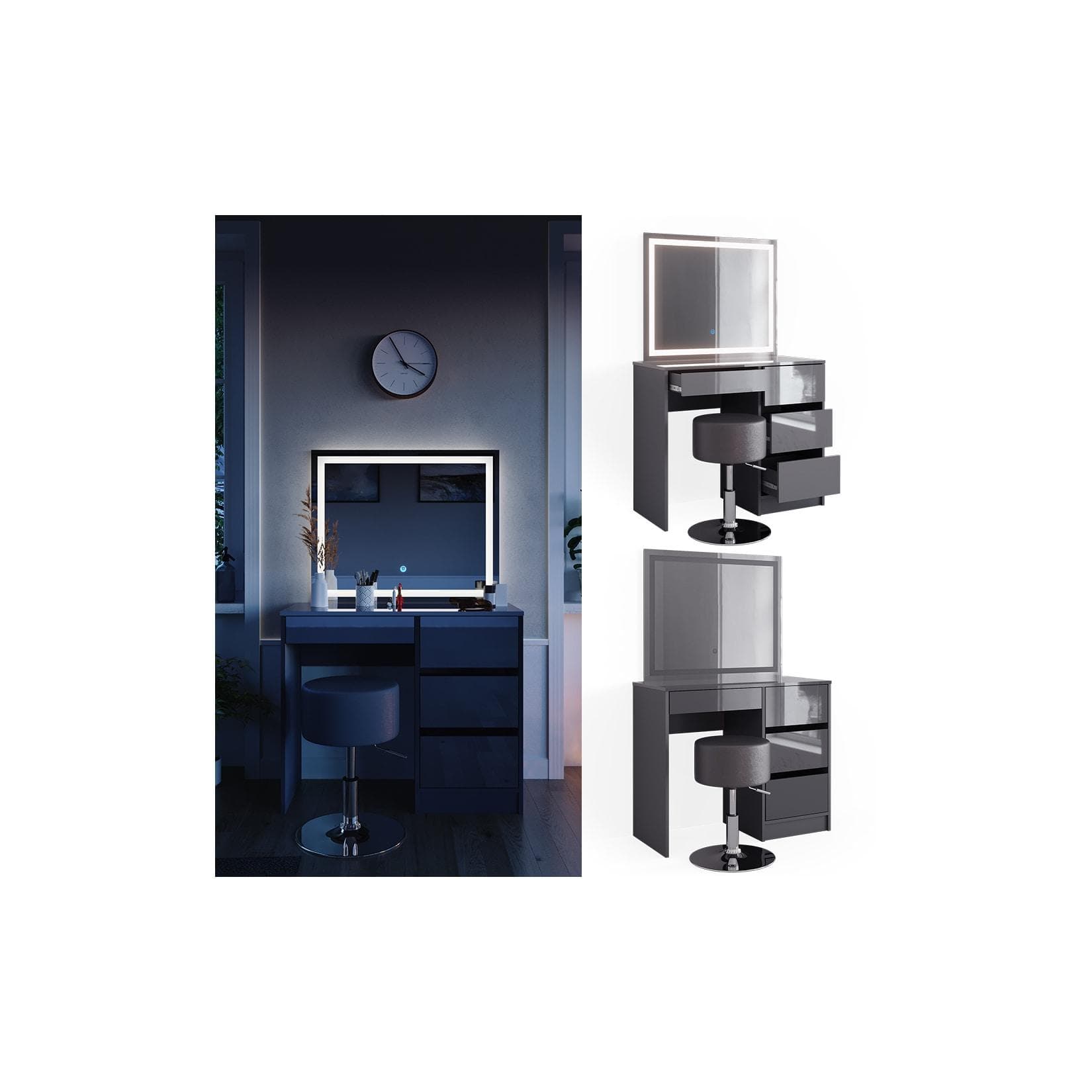 Vicco Schminktisch Sherry Anthrazit Hochglanz mit LED-Spiegel & Hocker