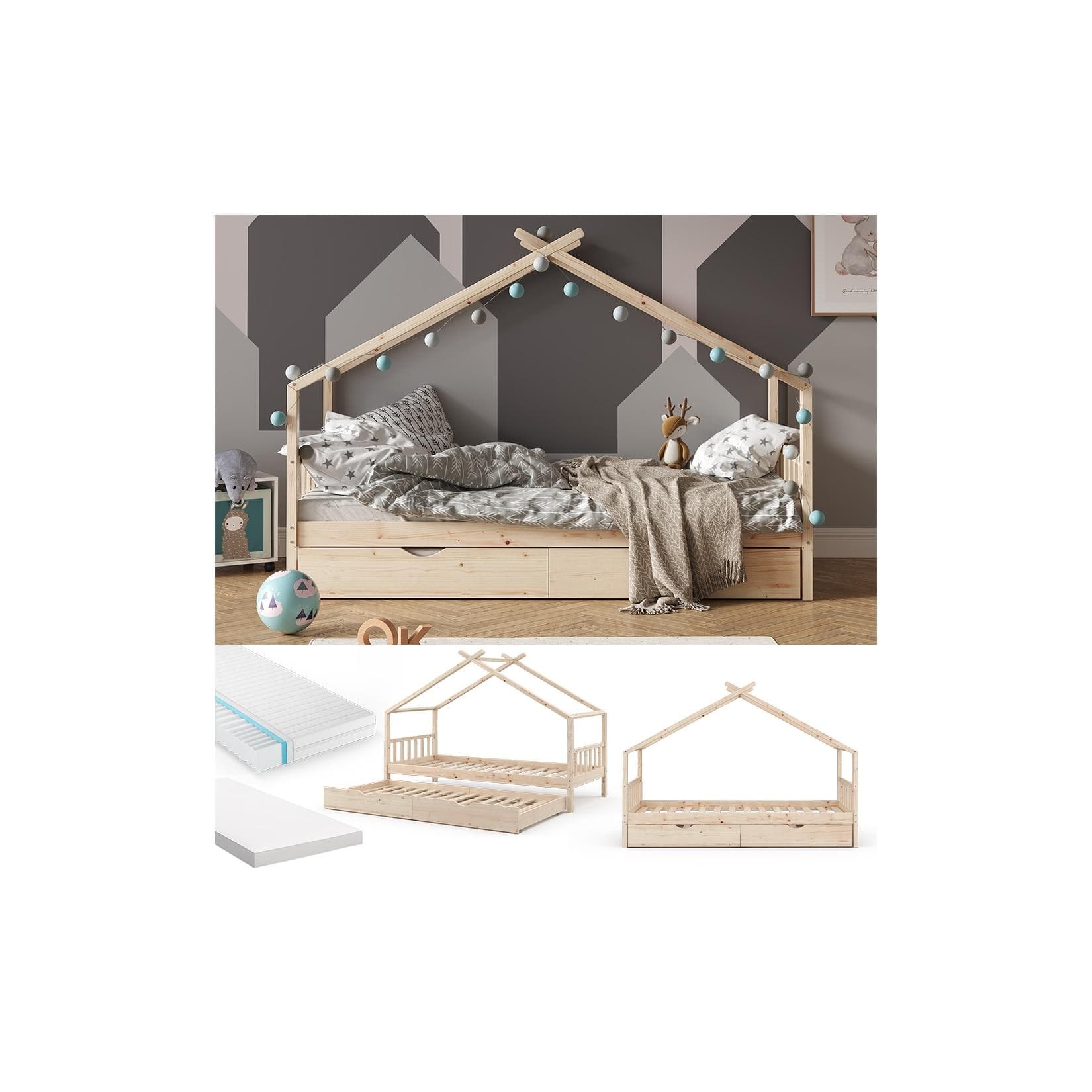 VitaliSpa Kinderbett Hausbett Design mit Lattenrost und Matratze 90x200