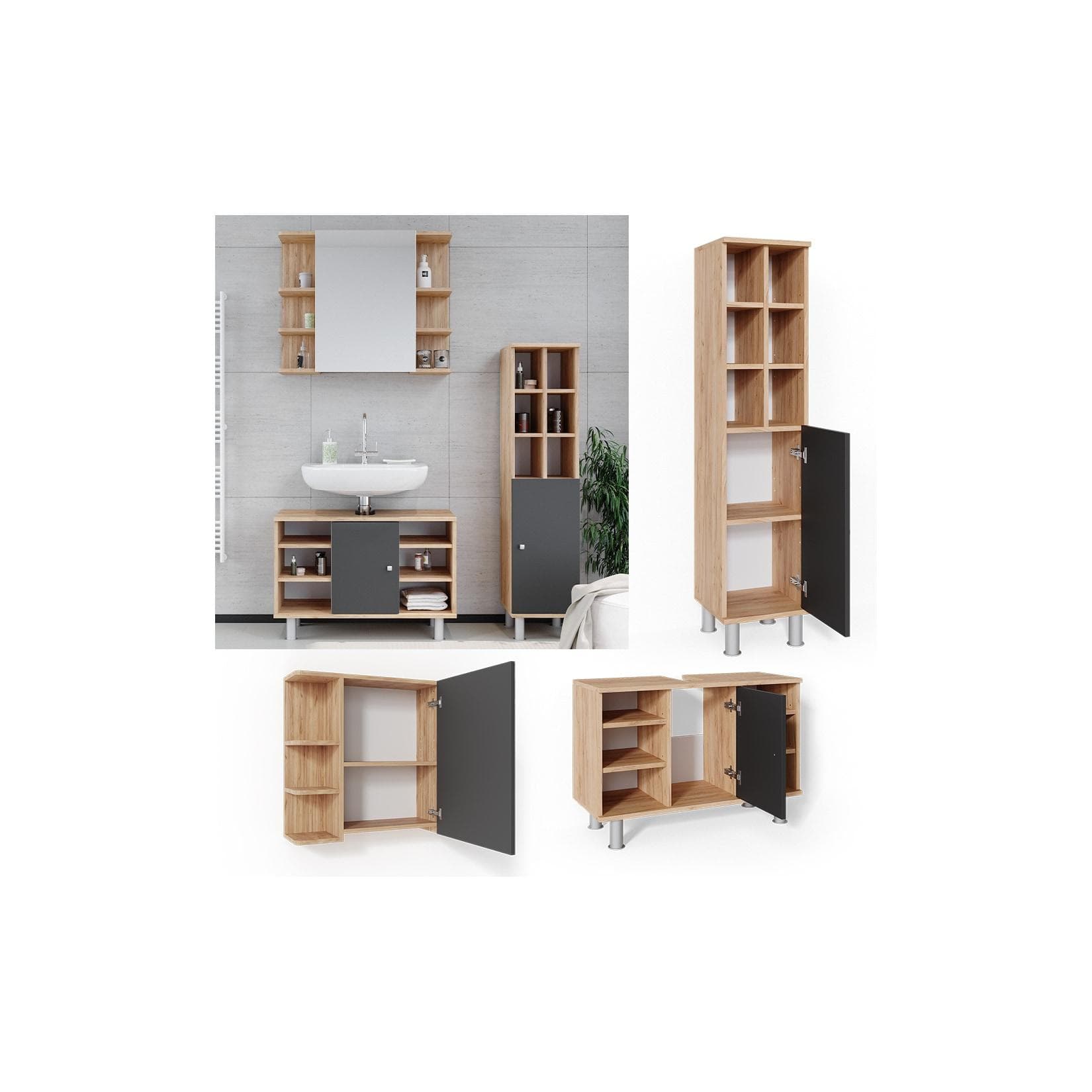 Vicco Badmöbel Set Fynn Spiegelschrank Unterschrank Hochschrank Weiß