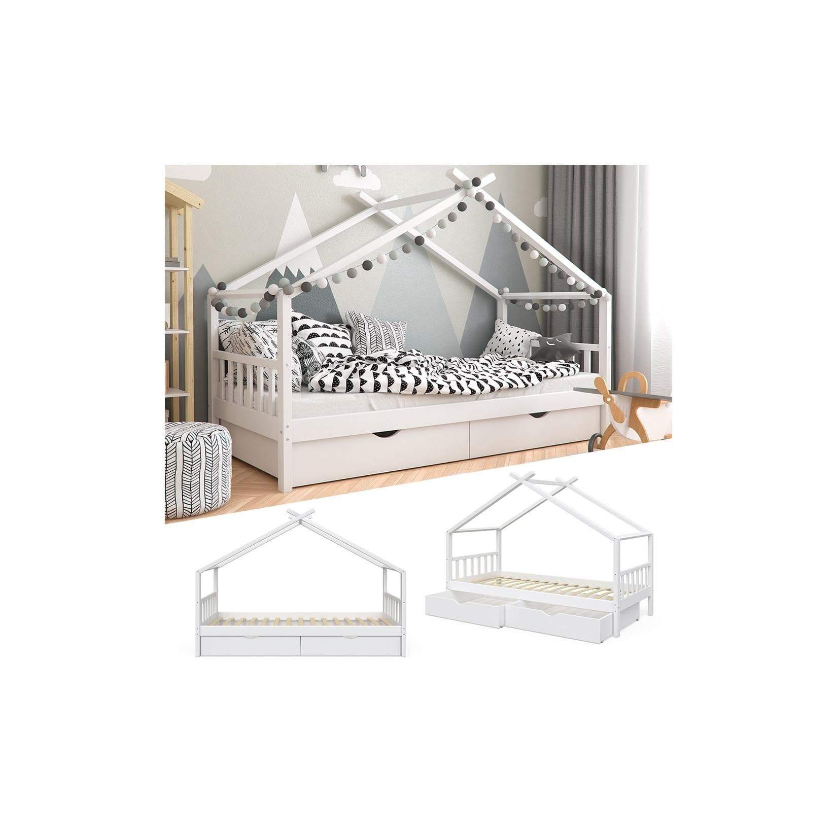 VitaliSpa® Hausbett Kinderbett Weiß mit Schubladen