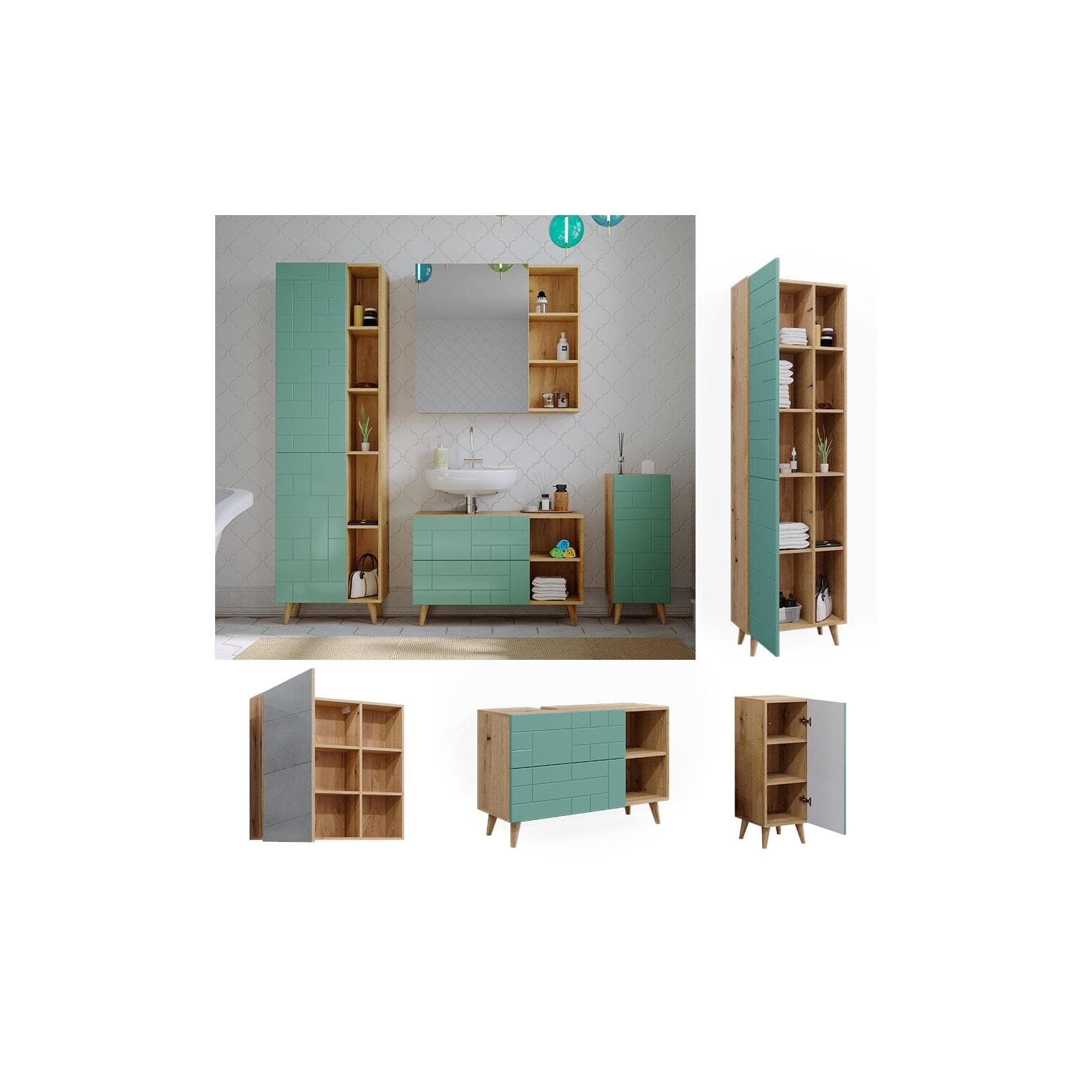 Mintgrünes Badmöbelset mit Hochschrank (Eiche)