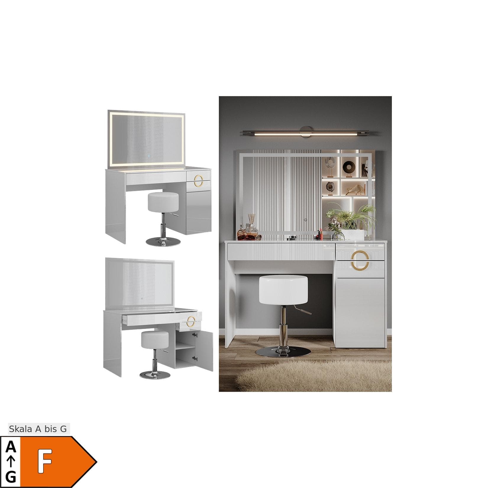 Vicco Schminktisch Adela Weiß Hochglanz mit LED Spiegel und Hocker