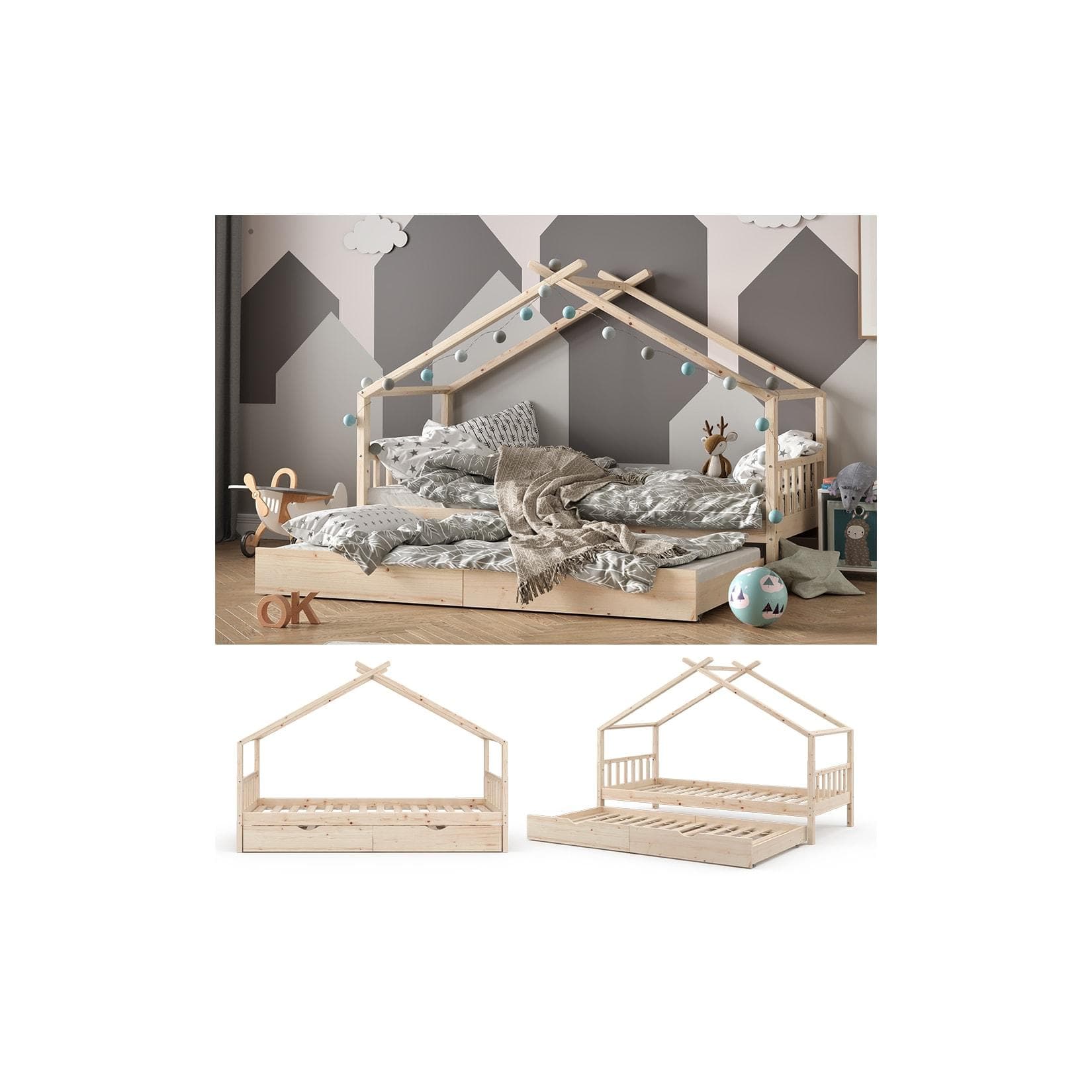 VITALISPA Kinderbett Design Hausbett Natur 90x200 Schublade