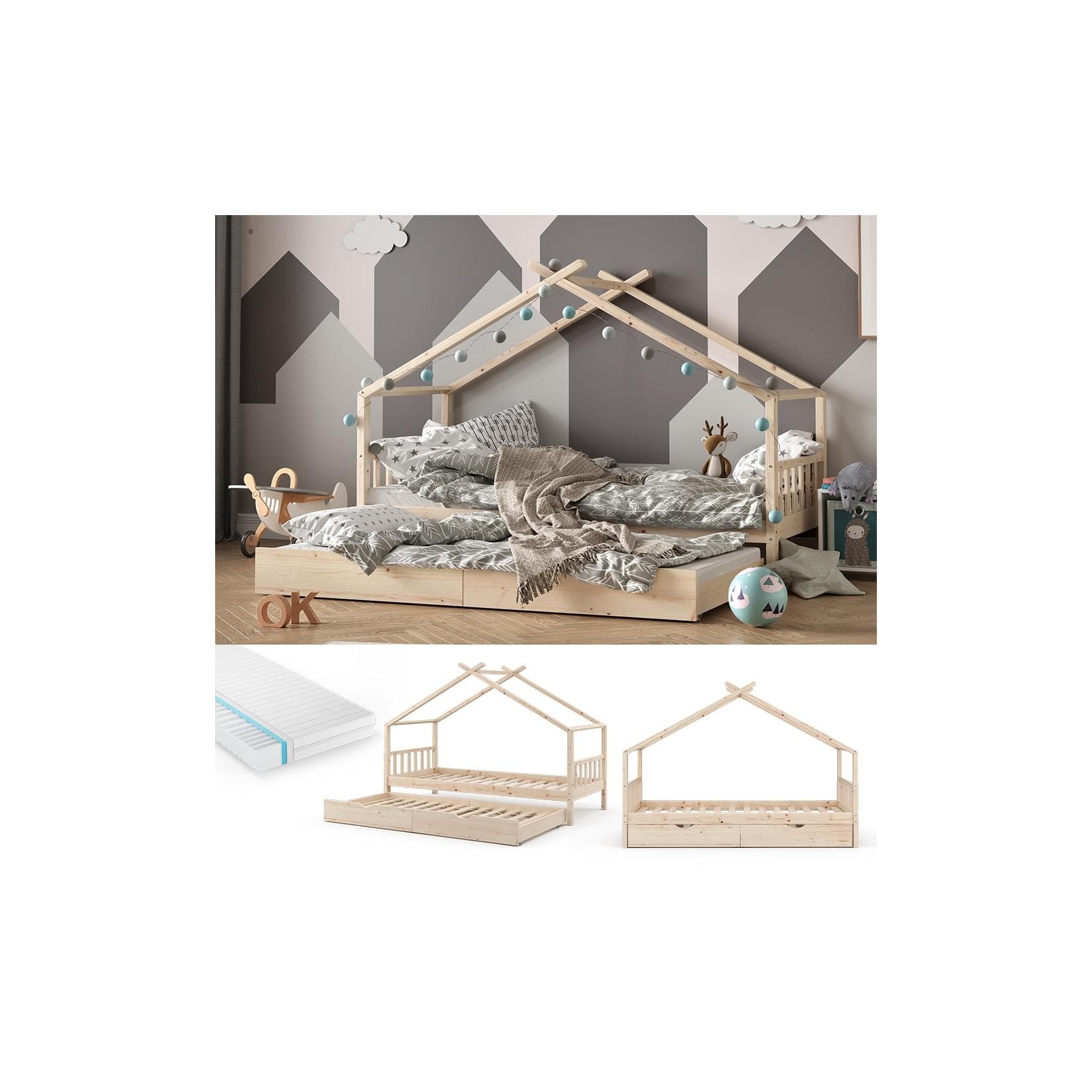 VitaliSpa® Hausbett Naturholz mit Gästebett und Matratze