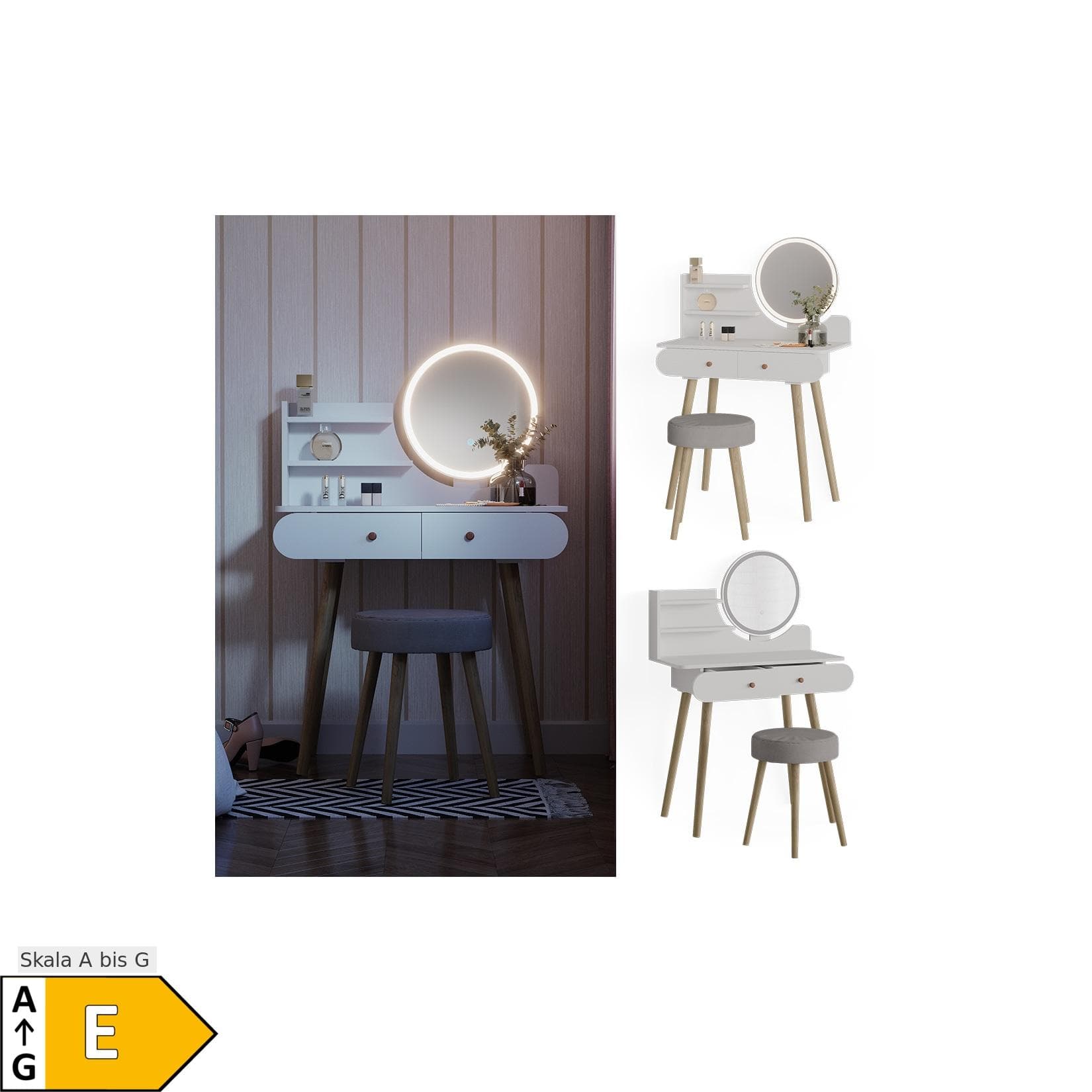 Vicco Schminktisch Edda Weiß mit LED Spiegel und Hocker