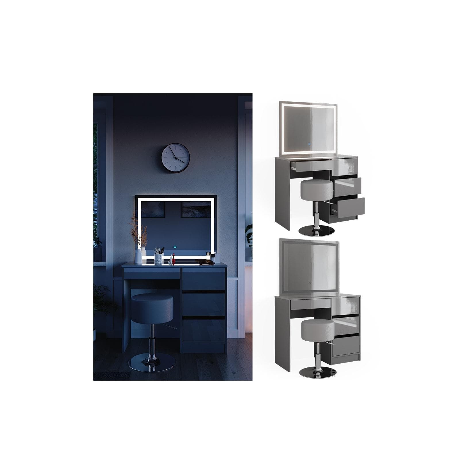 Vicco Schminktisch Sherry Grau Hochglanz mit LED-Spiegel & Hocker