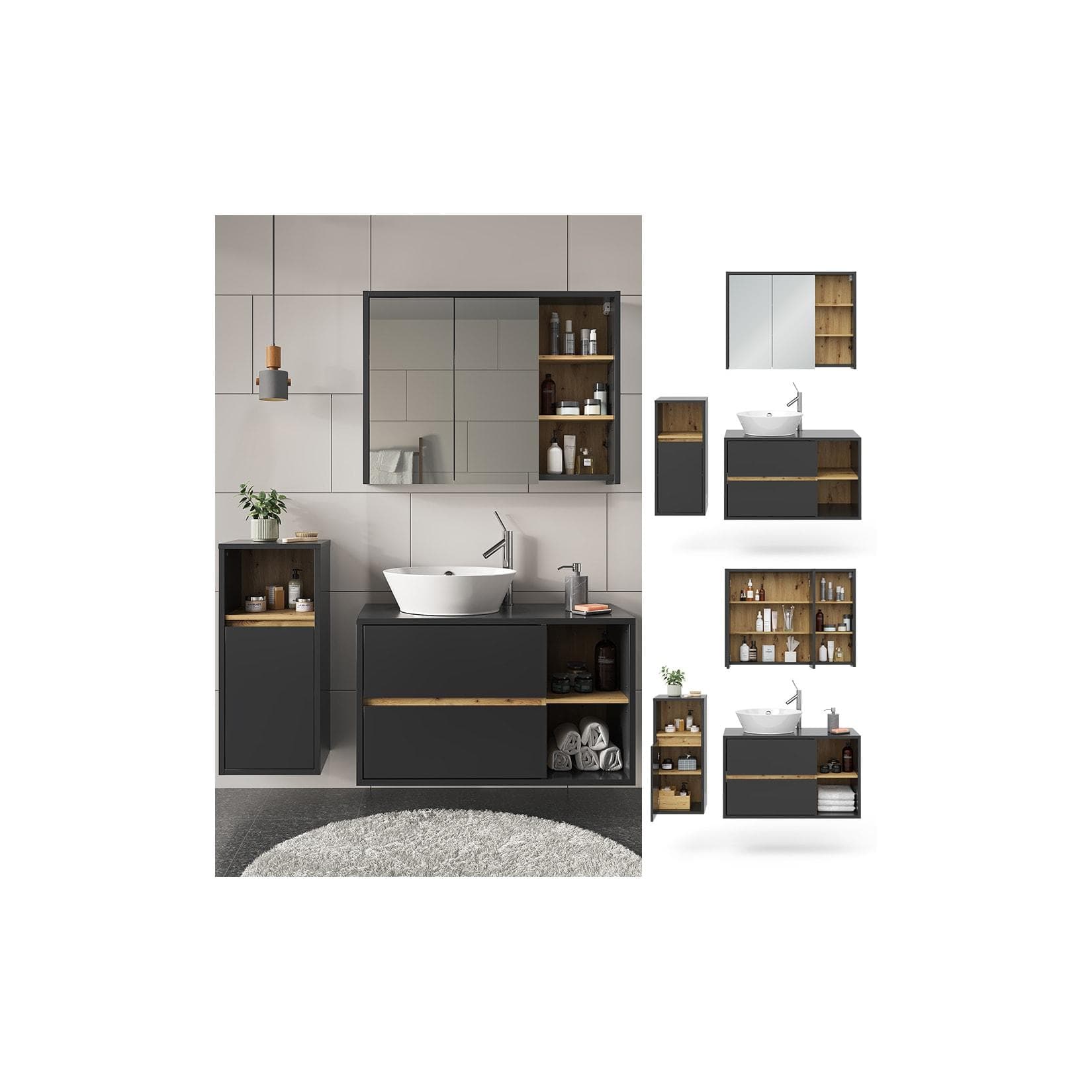 Vicco Badmöbel-Set Viola Anthrazit Eiche Modern Badezimmerschrank