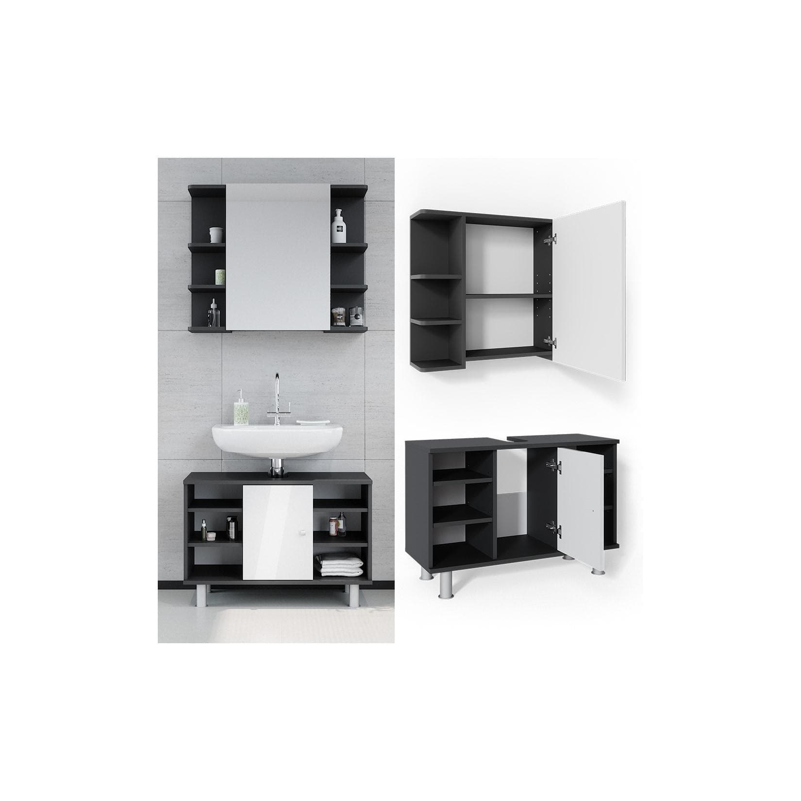 Vicco Badmöbel Set Fynn Spiegelschrank Waschbeckenunterschrank Weiß Modern