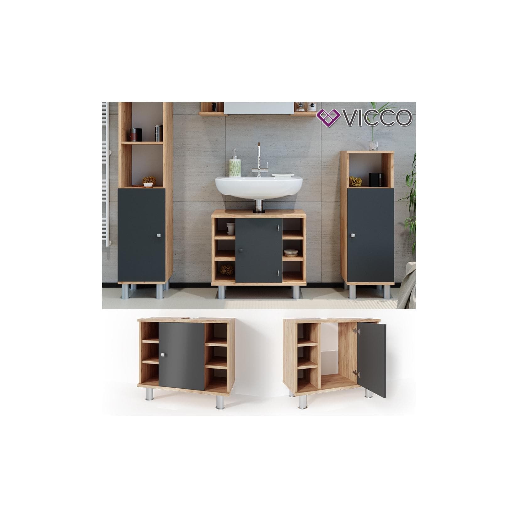 Vicco Waschbeckenunterschrank Fynn Anthrazit Goldkraft Eiche