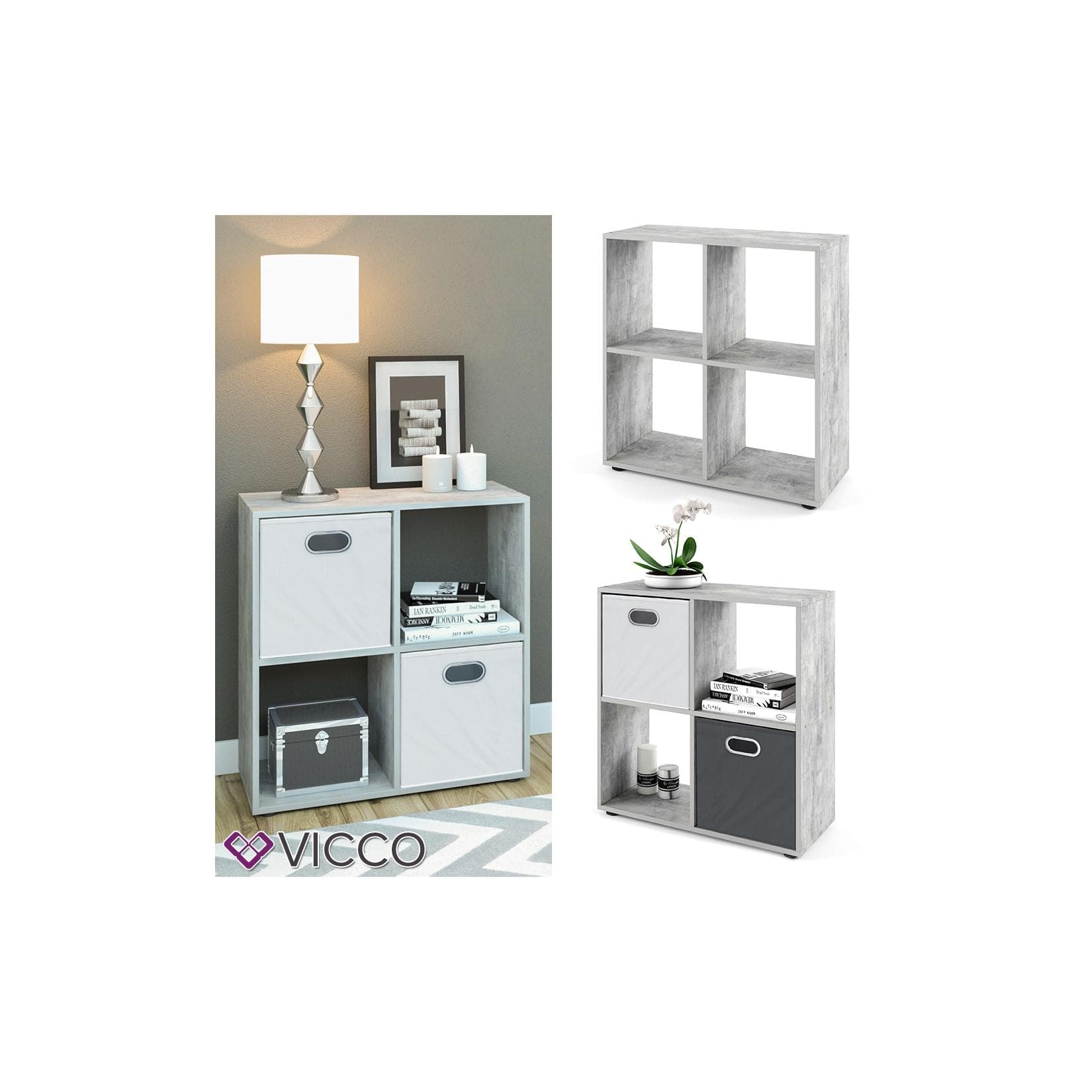 VICCO Raumteiler TETRA 4 Fächer Grau Beton Standregal