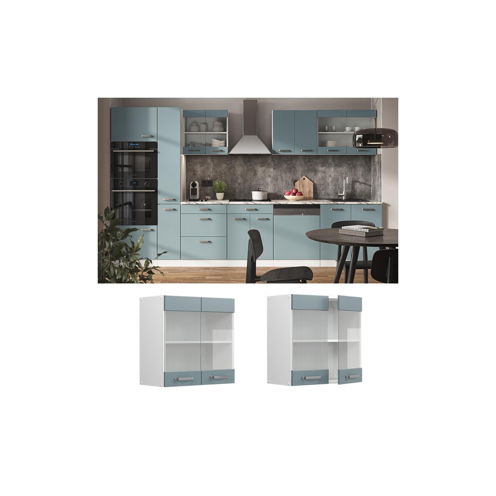 Vicco Glashängeschrank R-Line Weiß Blaugrau 60 cm
