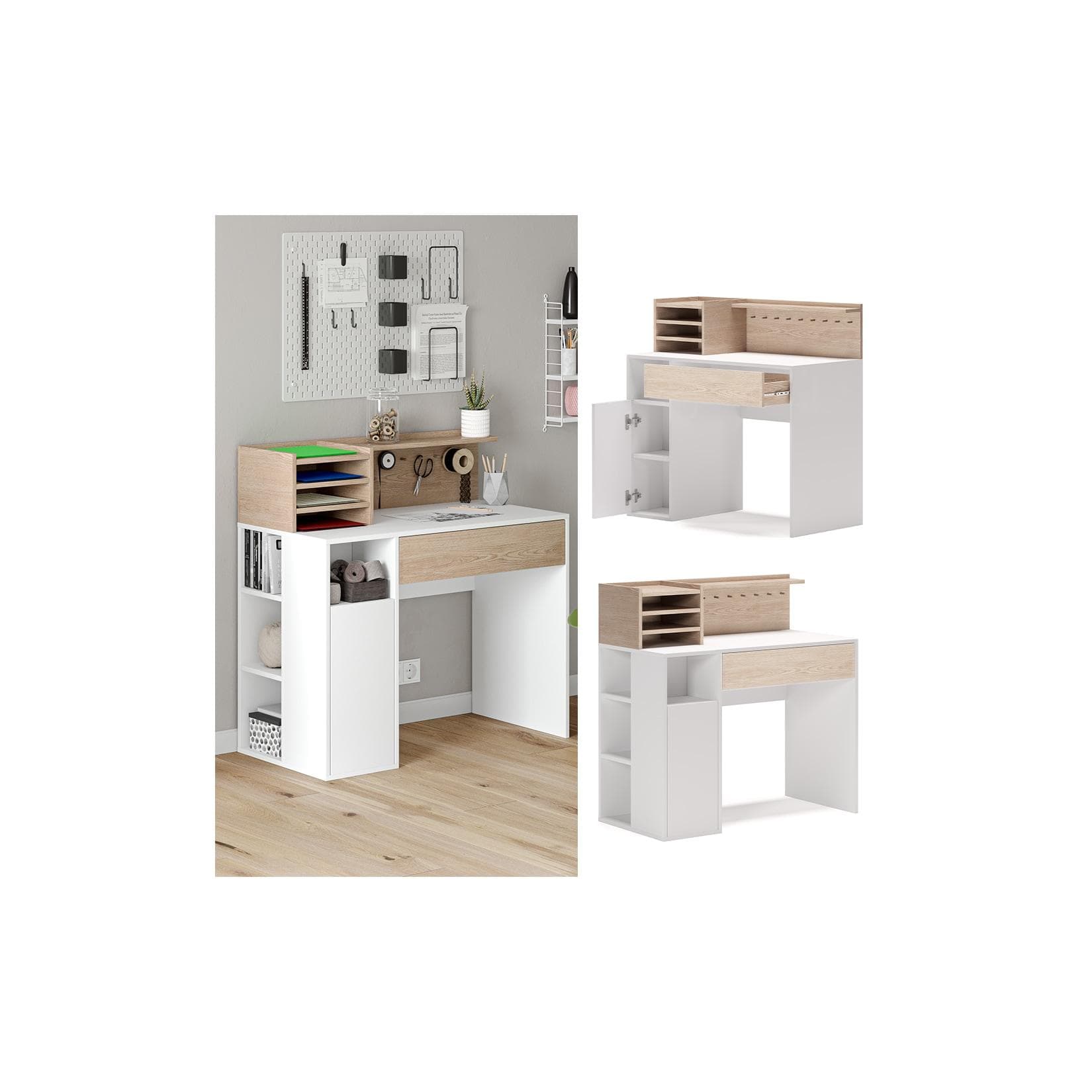 Vicco Schreibtisch Weiß/Sonoma mit Stauraum und Ausziehschubladen