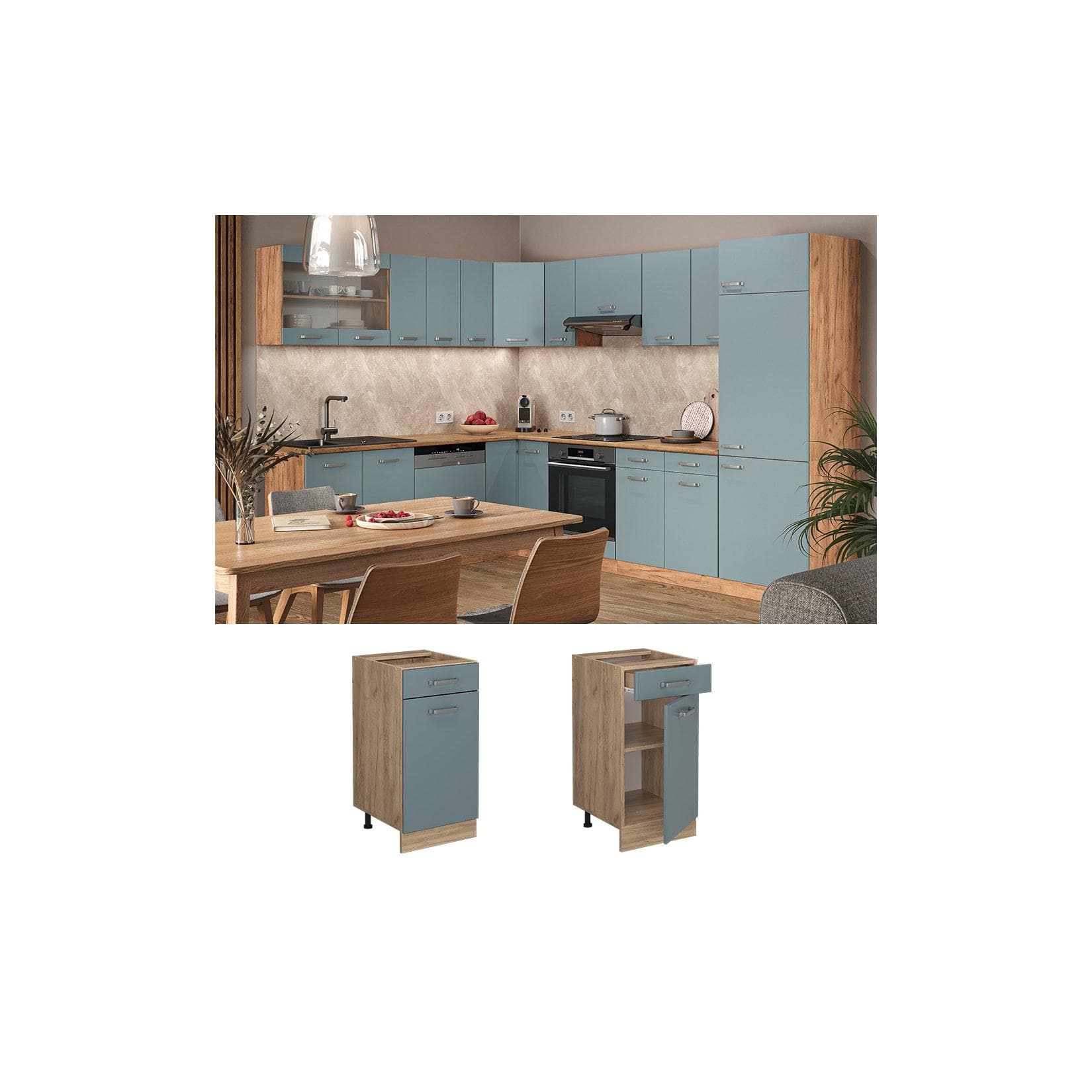 Vicco Küchenschrank Schubunterschrank R-Line Eiche Blau Grau Modern