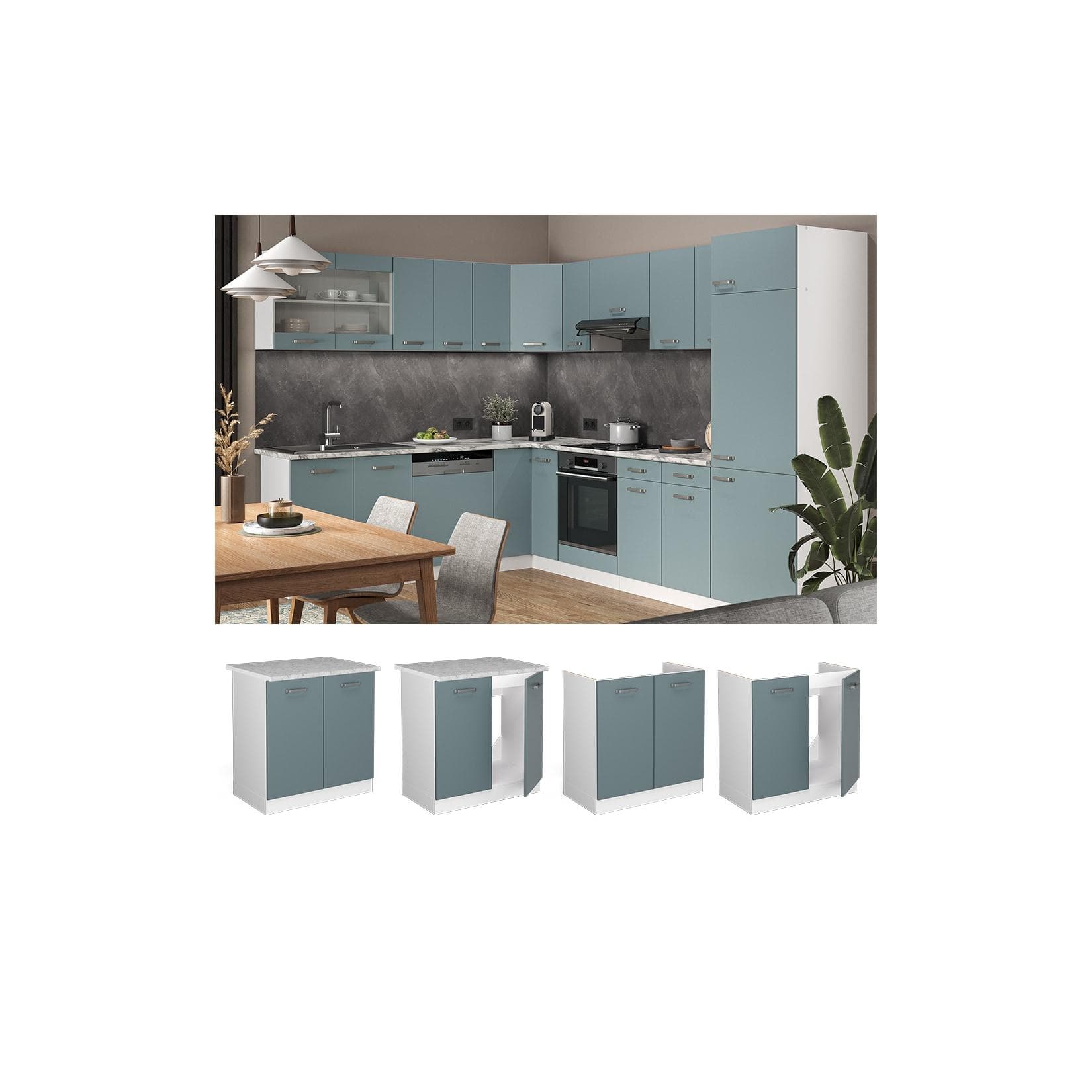 Spülenschrank R-Line in Blau-Grau/Weiß mit AP Marmoroptik