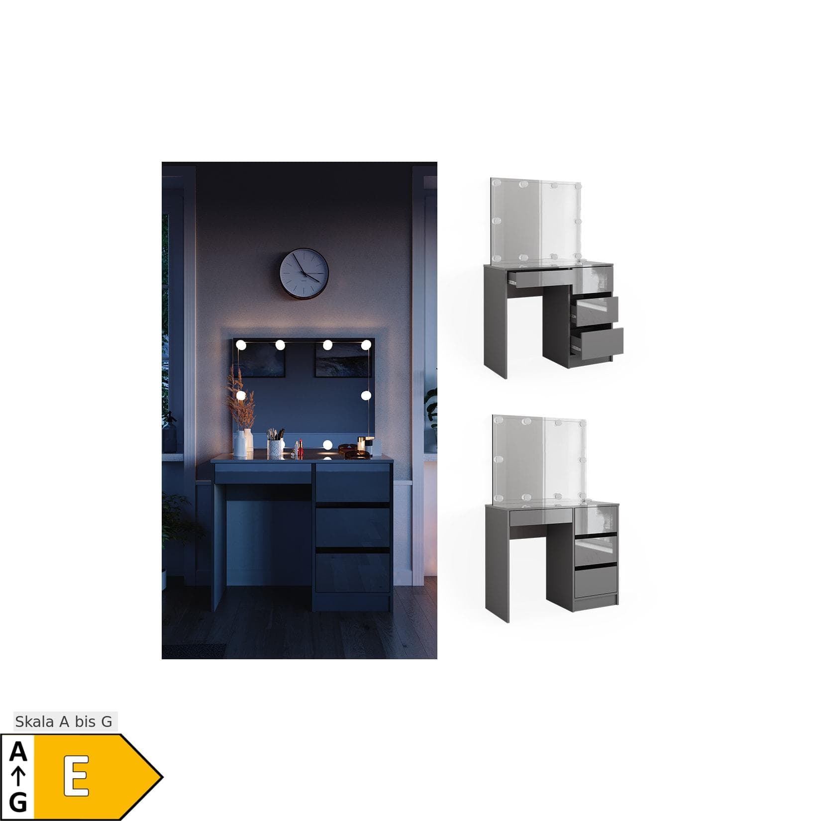 Vicco Schminktisch Sherry Grau Hochglanz mit LED und Spiegel