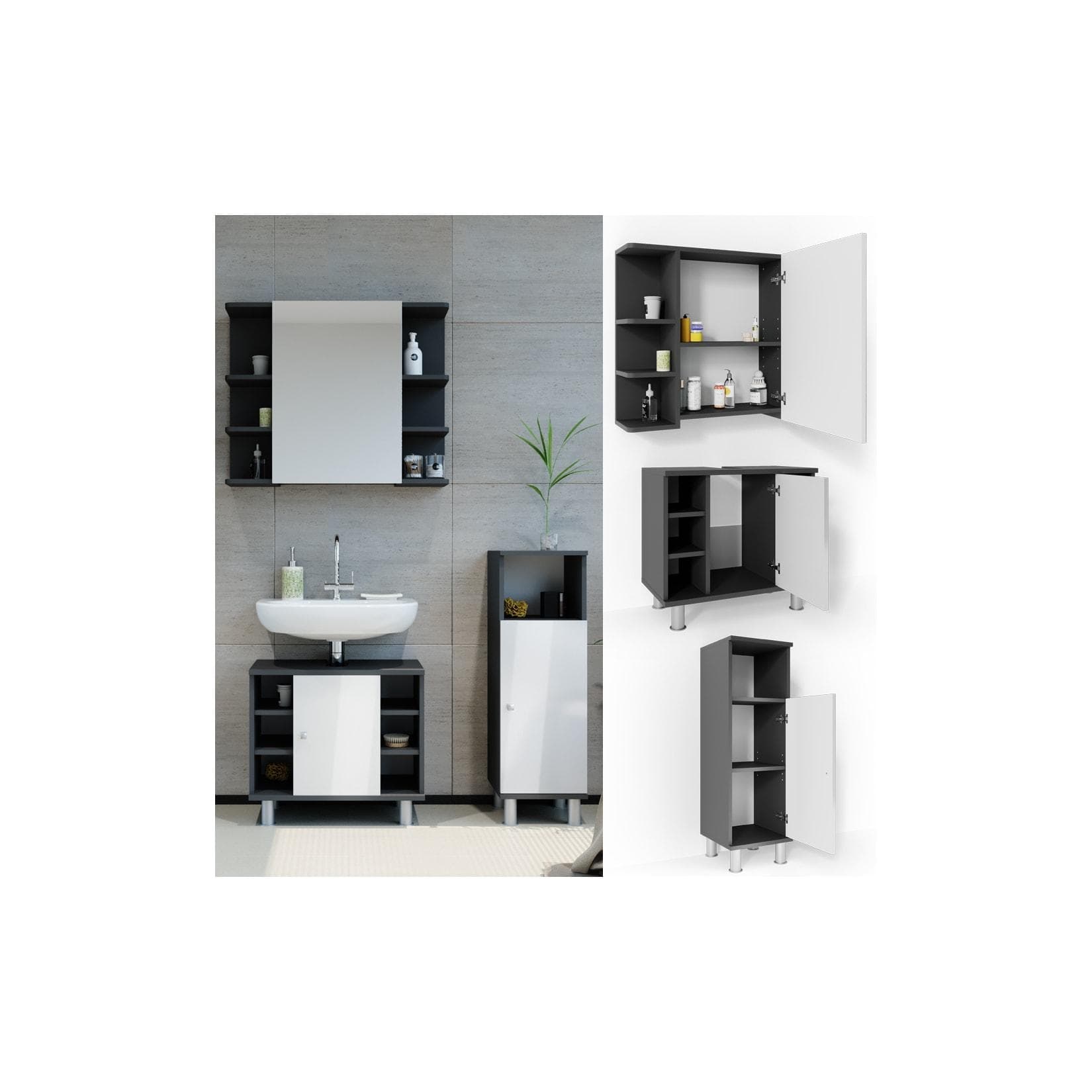 Anthrazit/Weiß Hochglanz Badmöbel-Set mit Midischrank