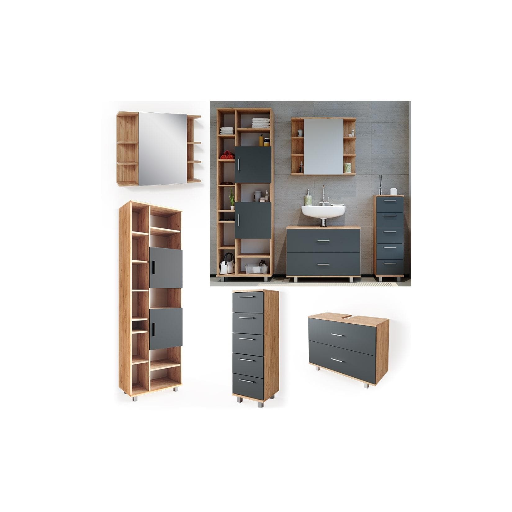 Badmöbel-Set Goldkraft Eiche/Anthrazit mit Hochschrank