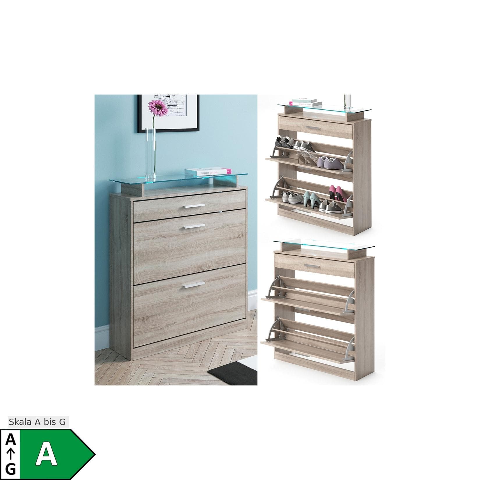 Vicco Schuhkipper Alex LED Schuhschrank Weiß Hochglanz / Sonoma