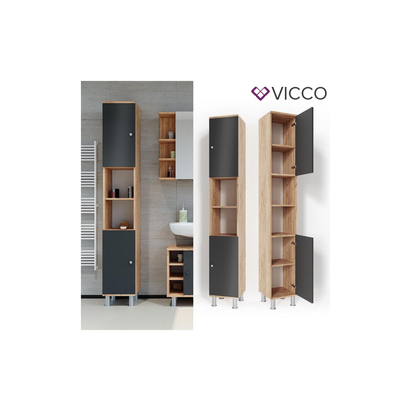 VICCO Badschrank FYNN Eiche Anthrazit Hochschrank Badmöbel