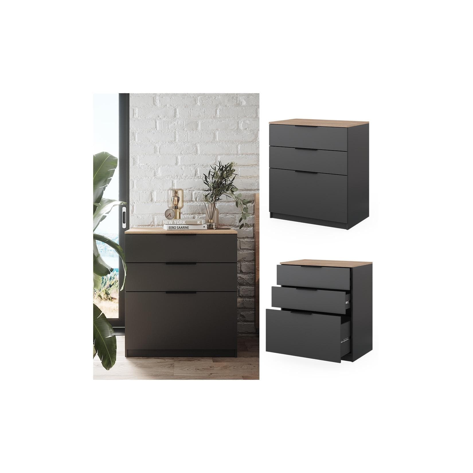 Vicco Kommode Betti Anthrazit Sonoma 3 Schubfächer Modern