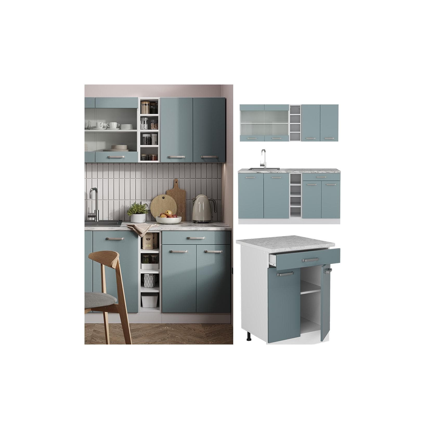 Vicco Küchenzeile R-Line Solid Weiß Blau Grau 160 cm Arbeitsplatte