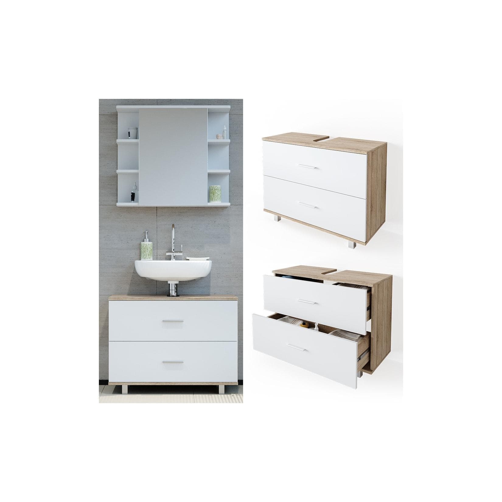 VICCO Waschbeckenunterschrank Ilias Weiß/Sonoma mit 2 Schubladen