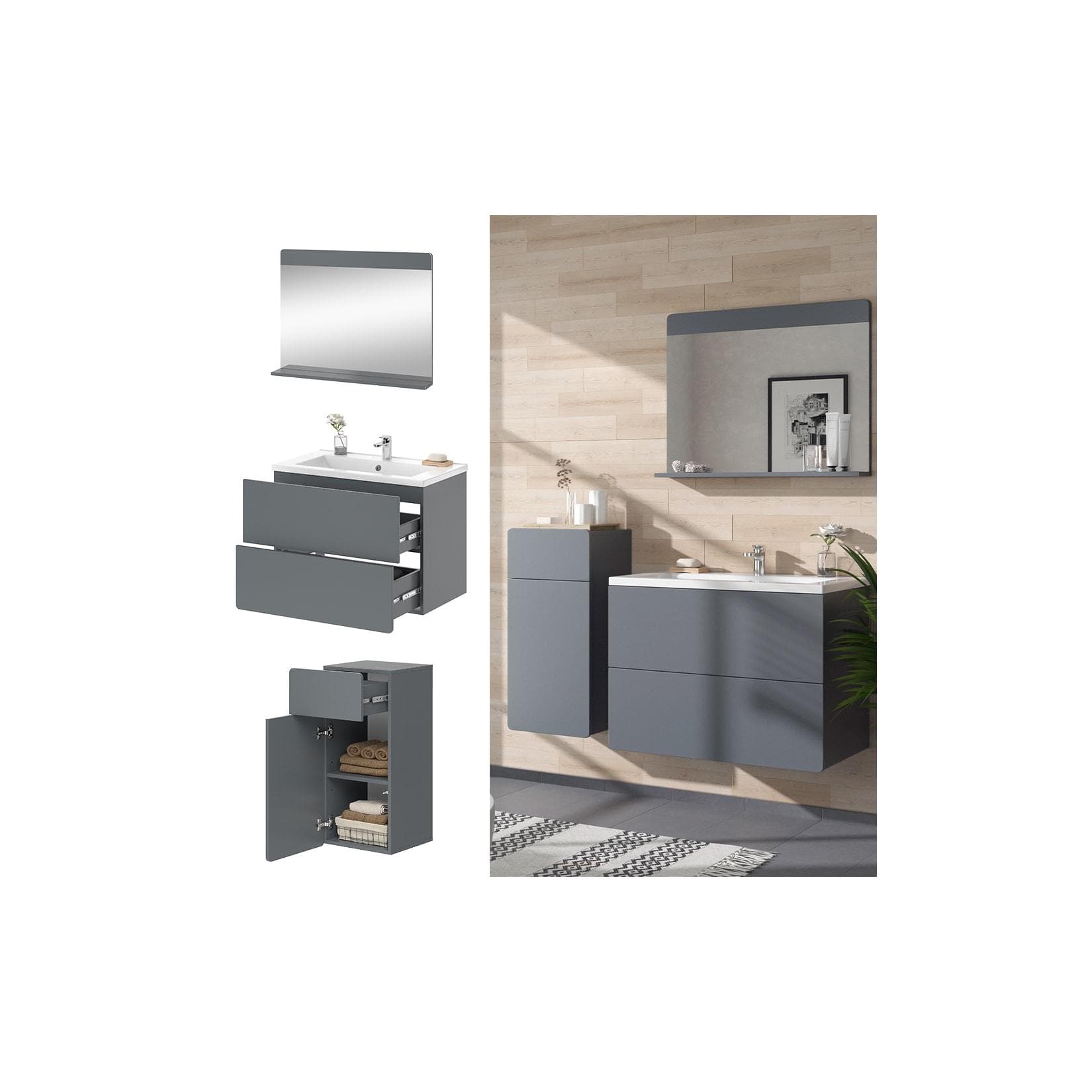 Vicco Badmöbel-Set Izan Grau mit Waschtischunterschrank & Midischrank