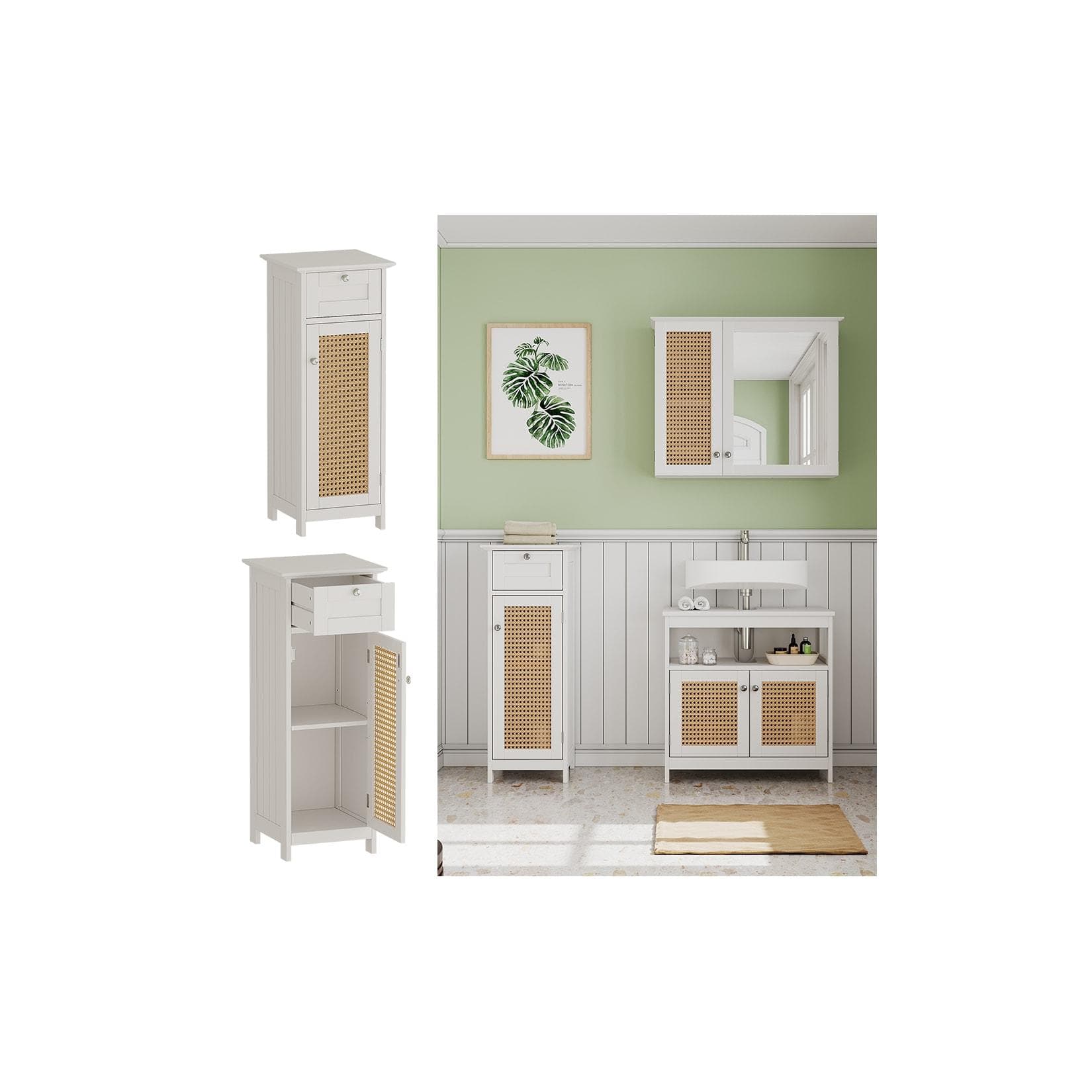 Vicco Rosario Midischrank Weiß mit Rattangeflecht-Türdekor und Schublade