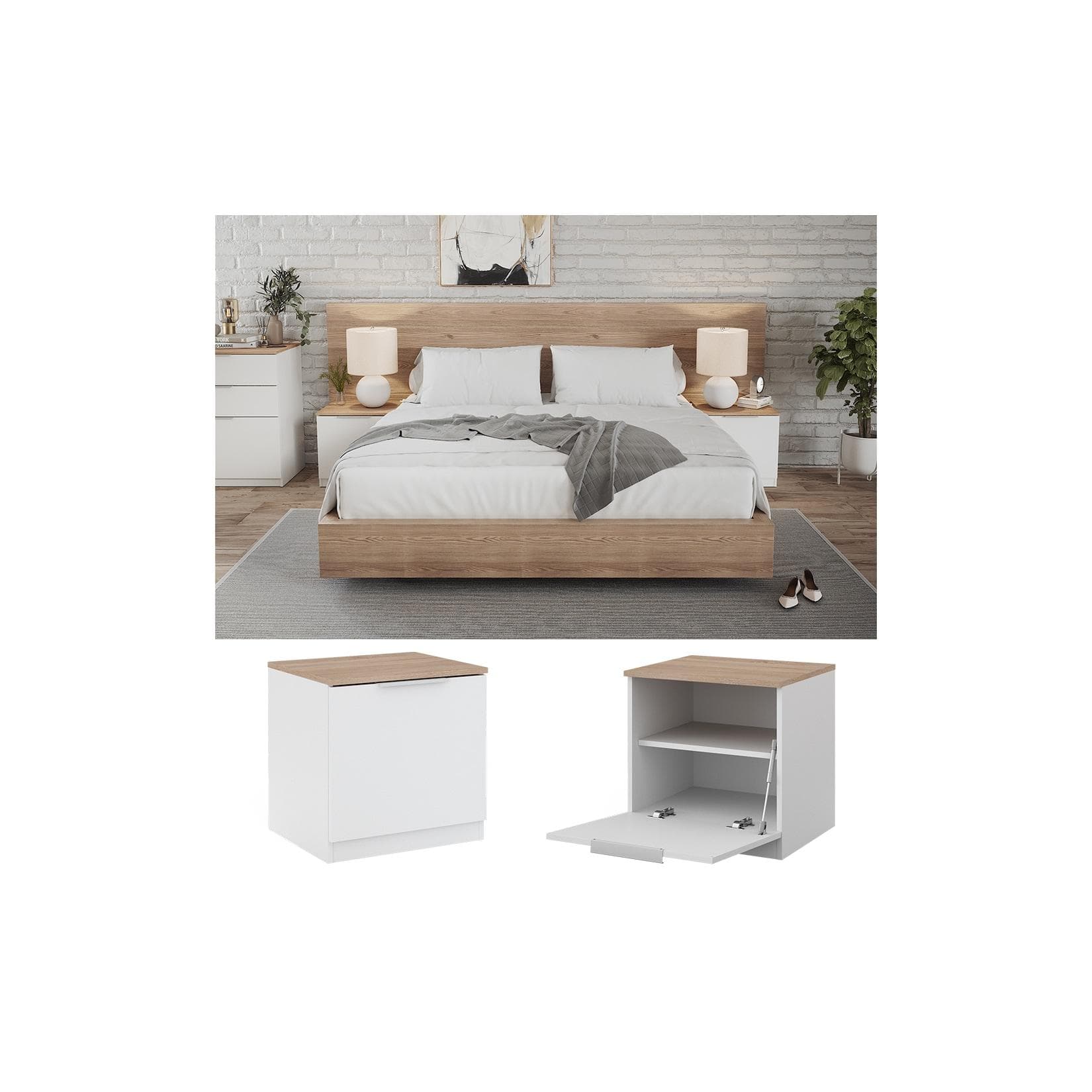 Vicco Nachttisch Betti 2er-Set Weiß Sonoma mit Klappe