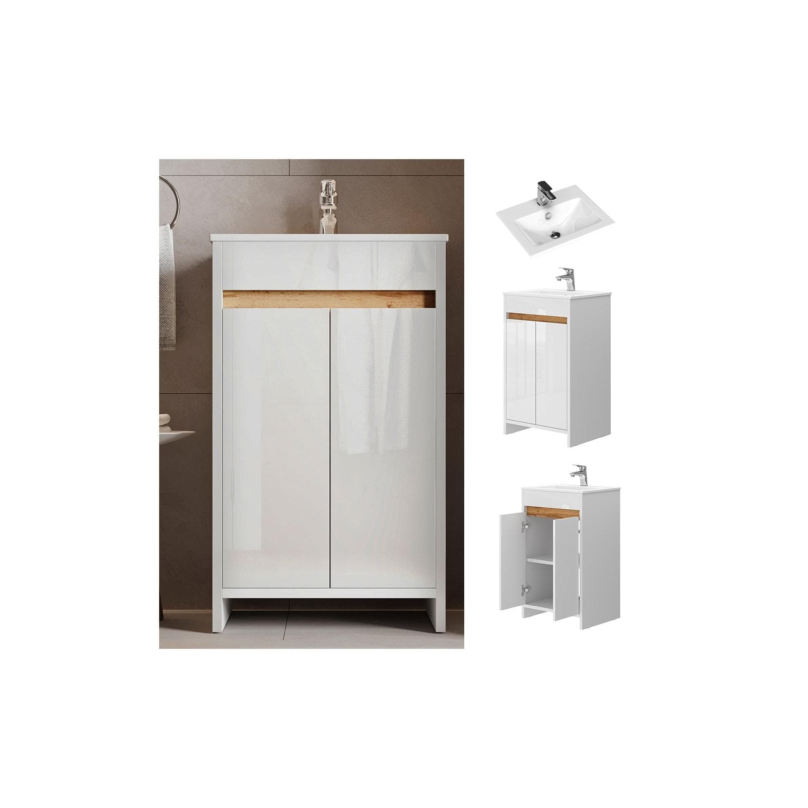 Badmöbel-Set Weiß/Weiß mit Waschbecken und 2 Flügeltüren