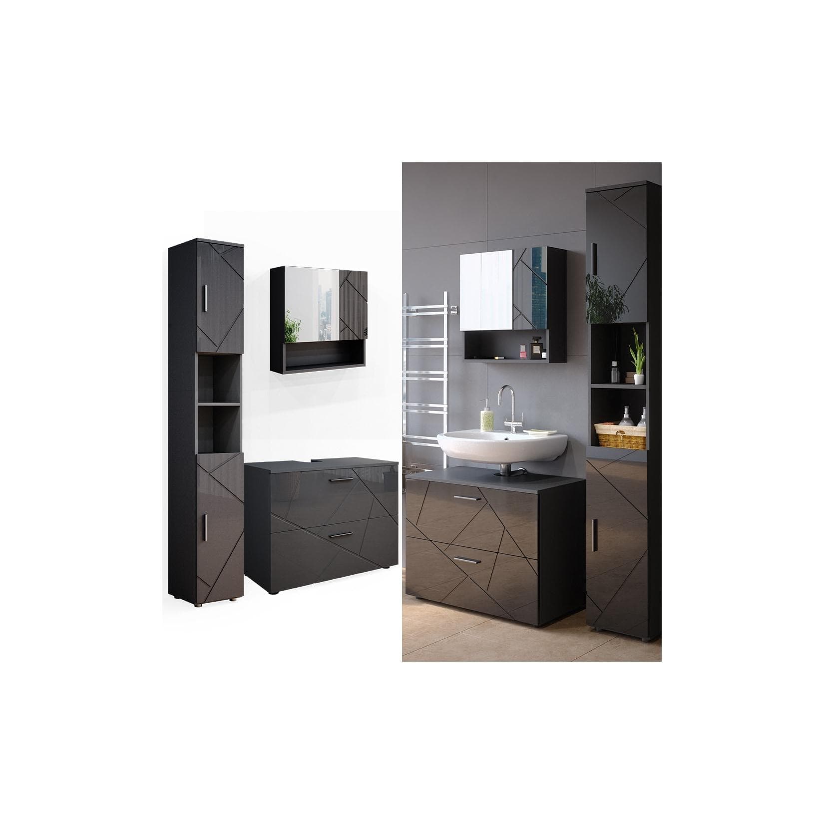 Vicco Badmöbelset Irma Anthrazit Hochglanz mit Spiegelschrank