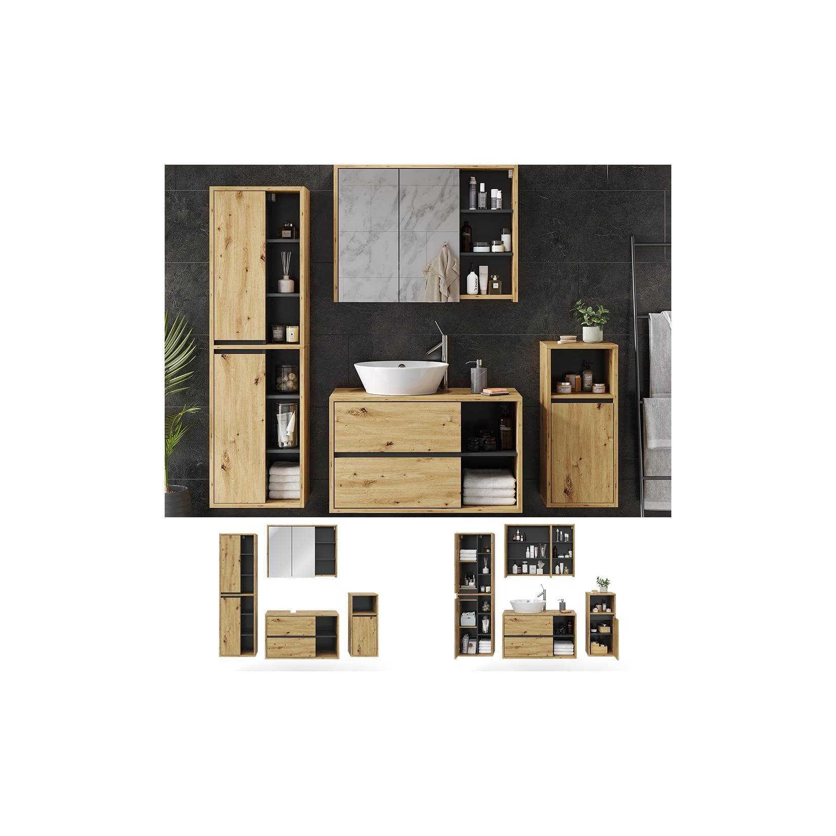 Vicco Badmöbel-Set Viola Goldkraft Eiche/Anthrazit