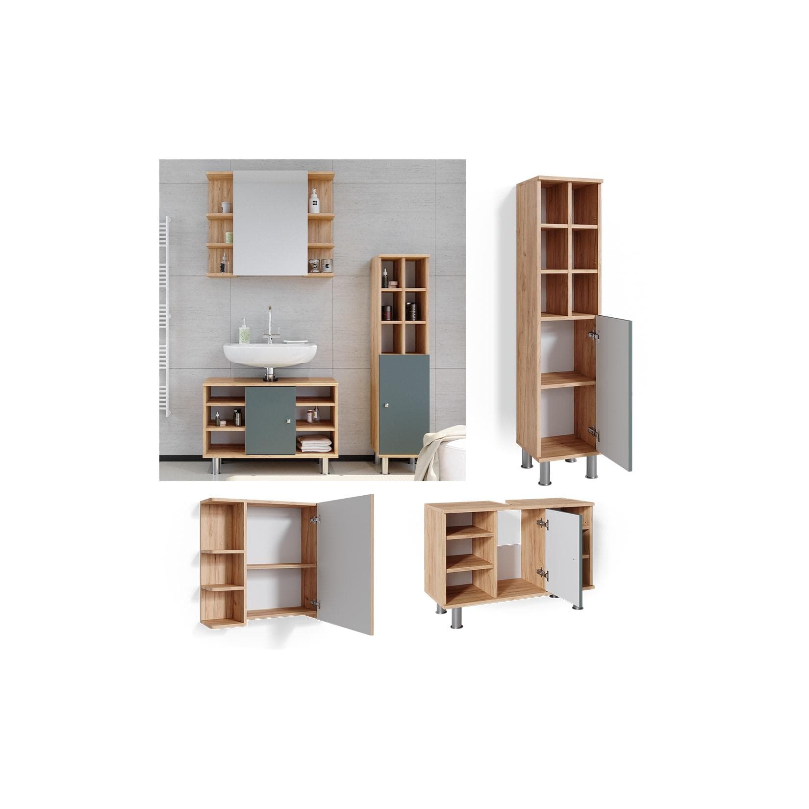 Grünes Badmöbelset mit Midischrank in Goldkraft Eiche-Optik
