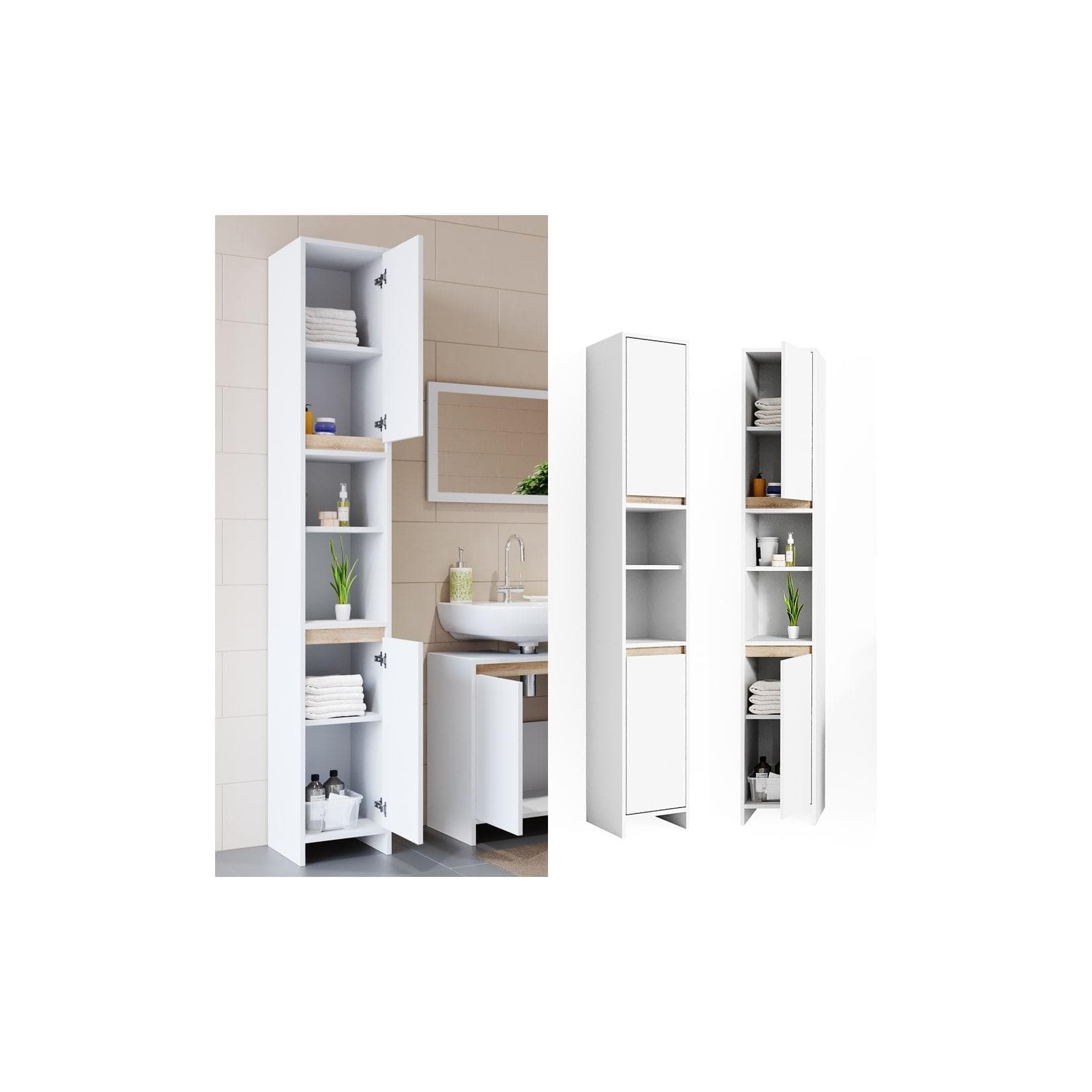 VICCO Badschrank EMMA Weiß Sonoma Eiche Hochschrank mit Grifflosen Türen