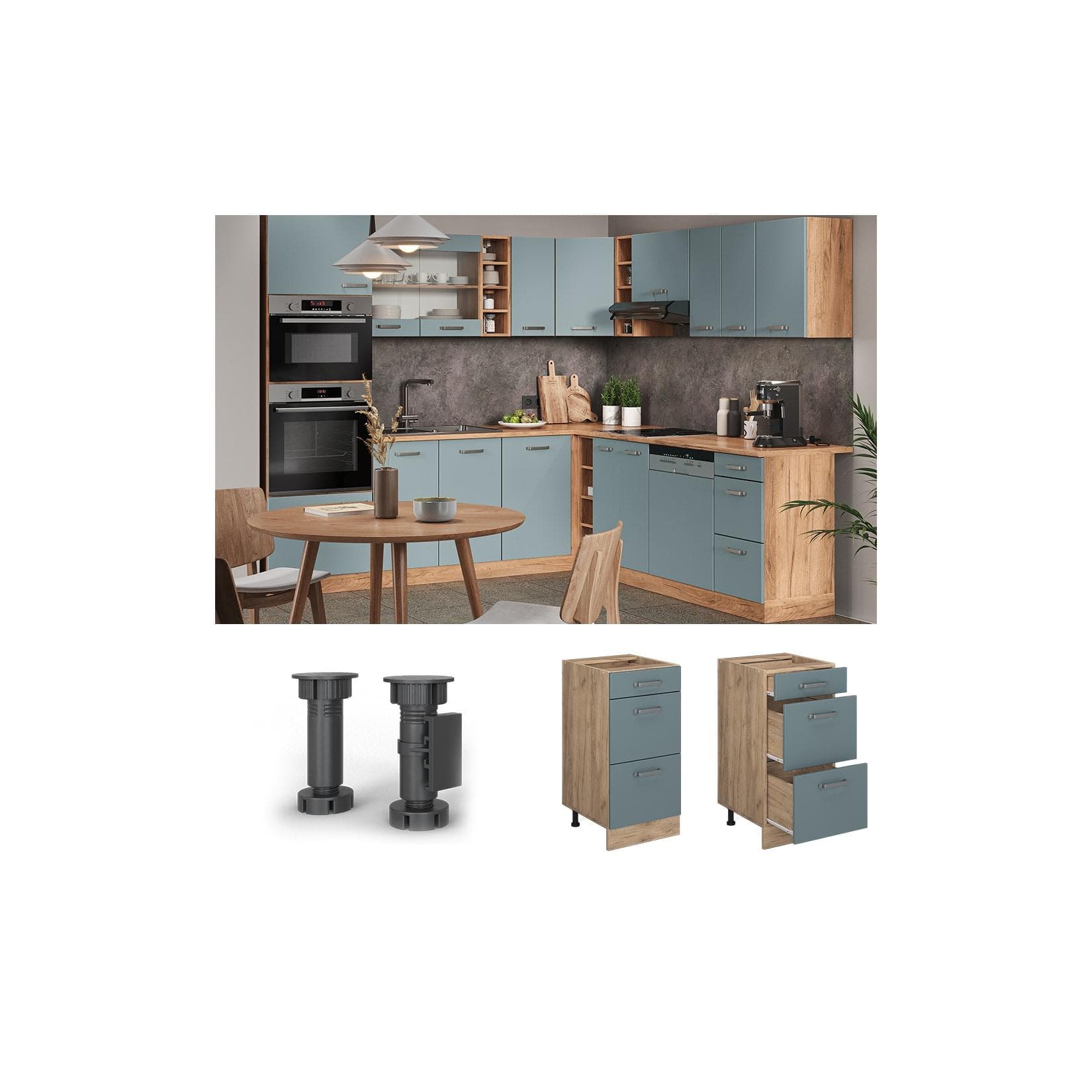 Vicco Schubladenunterschrank Küchenschrank R-Line Eiche Blau Grau Modern